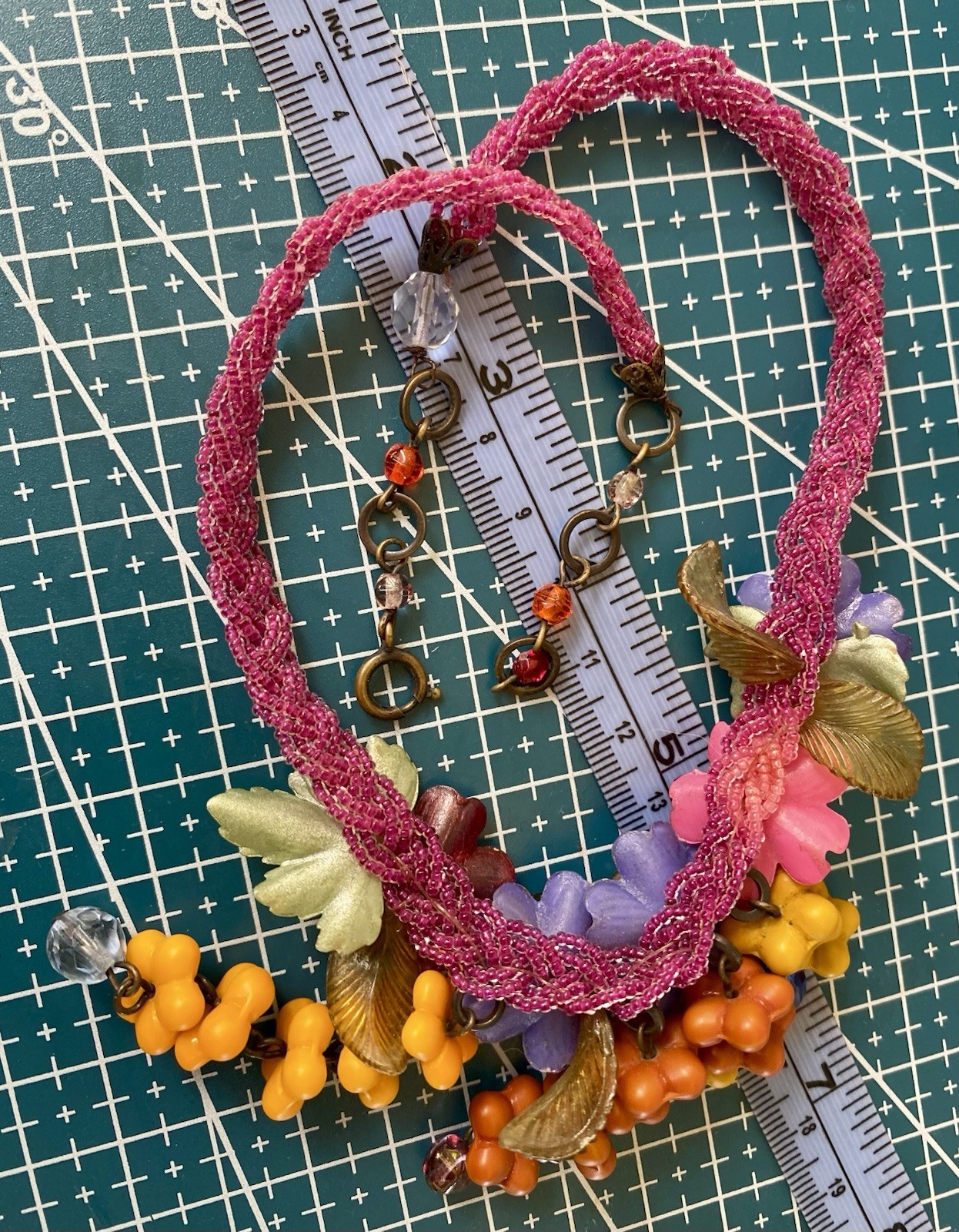 Vintage Glass & Lucite Beaded Floral Necklace with Rhinestone Accents 14-16” Adj