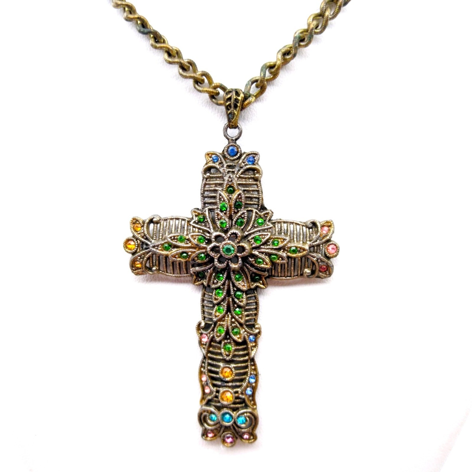 Little Nemo Ornate Cross Pendant Necklace, Vintage Multi Color Crystals on Pierc