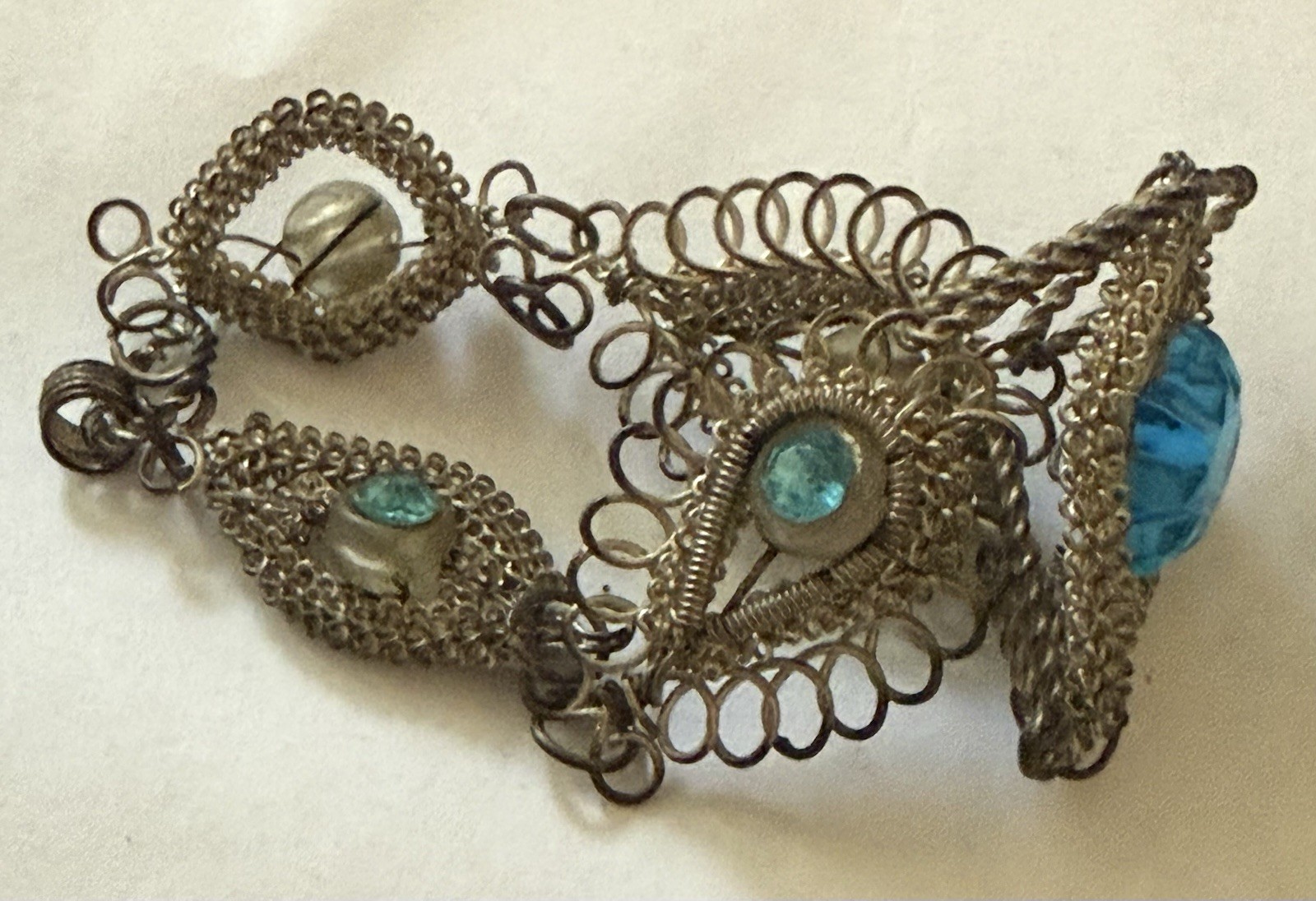 Vintage/Antique Victorian Style Silver Metal Bracelet Aqua Rhinestones No Clasp