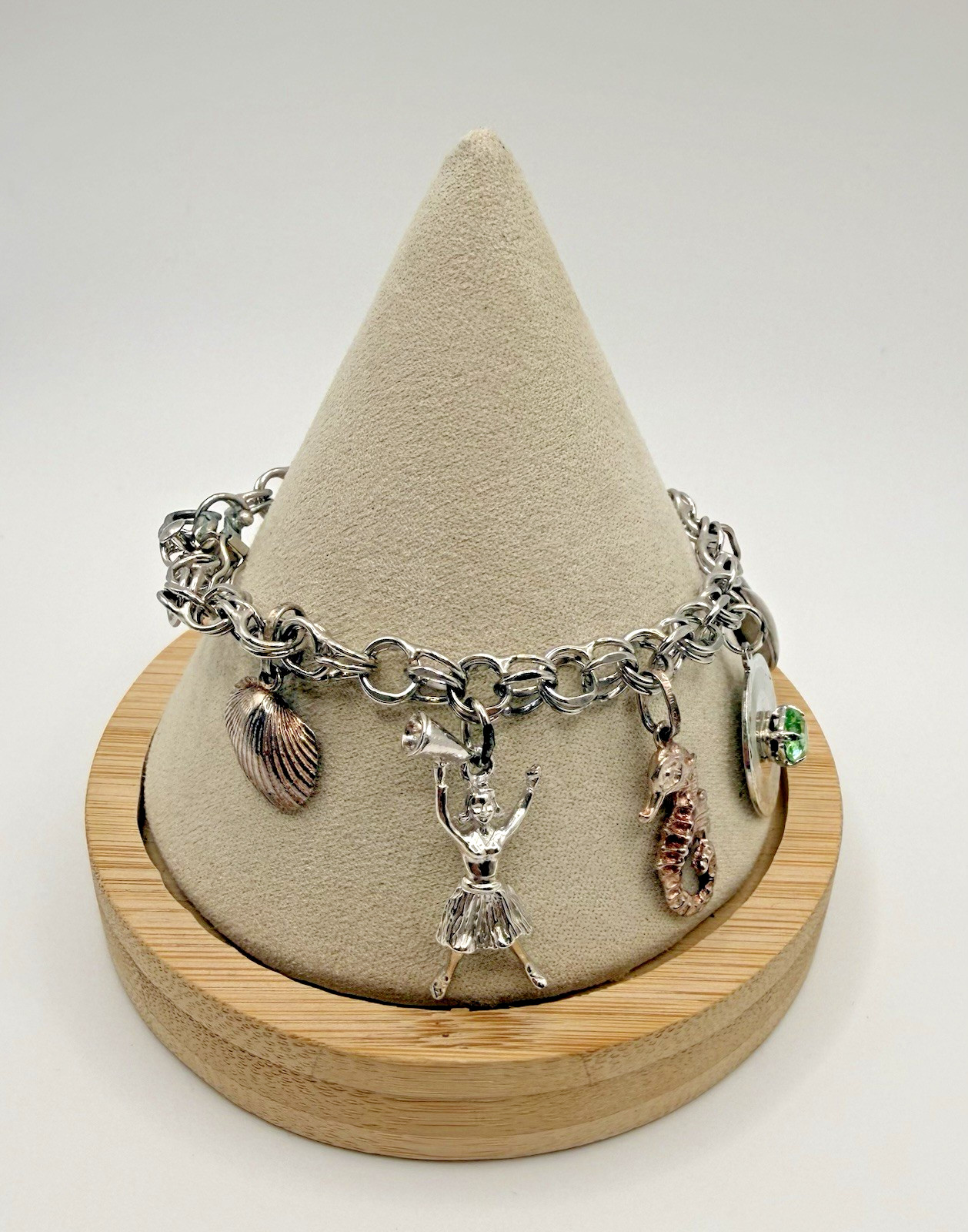 Sterling Silver Charm Bracelet Vintage Mixed Charms Heart Seahorse Cheer 30g U4