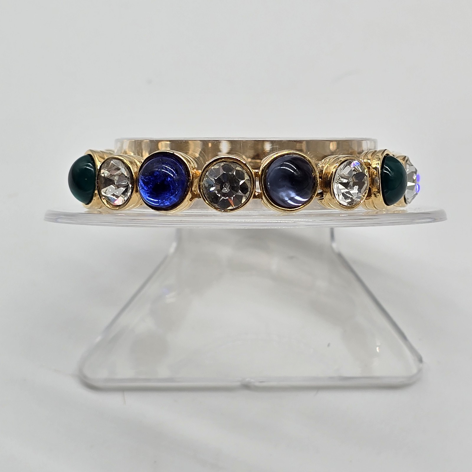 Vintage Les Bernard Bracelet Clear Rhinestones And Blue Green Purple Cabochons