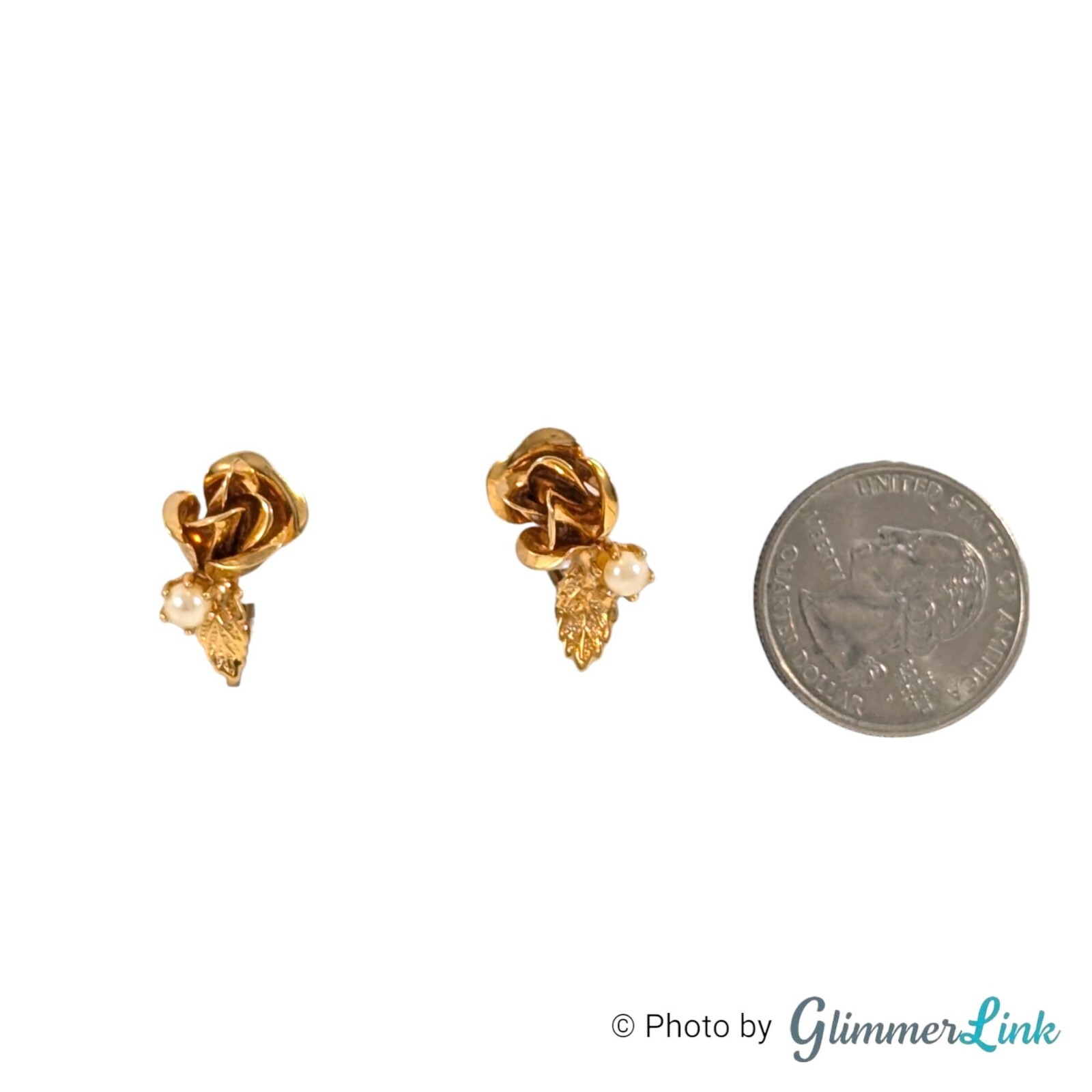 Vintage Rose Leaf Faux Pearl Gold Tone Adjustable Clip On Earrings