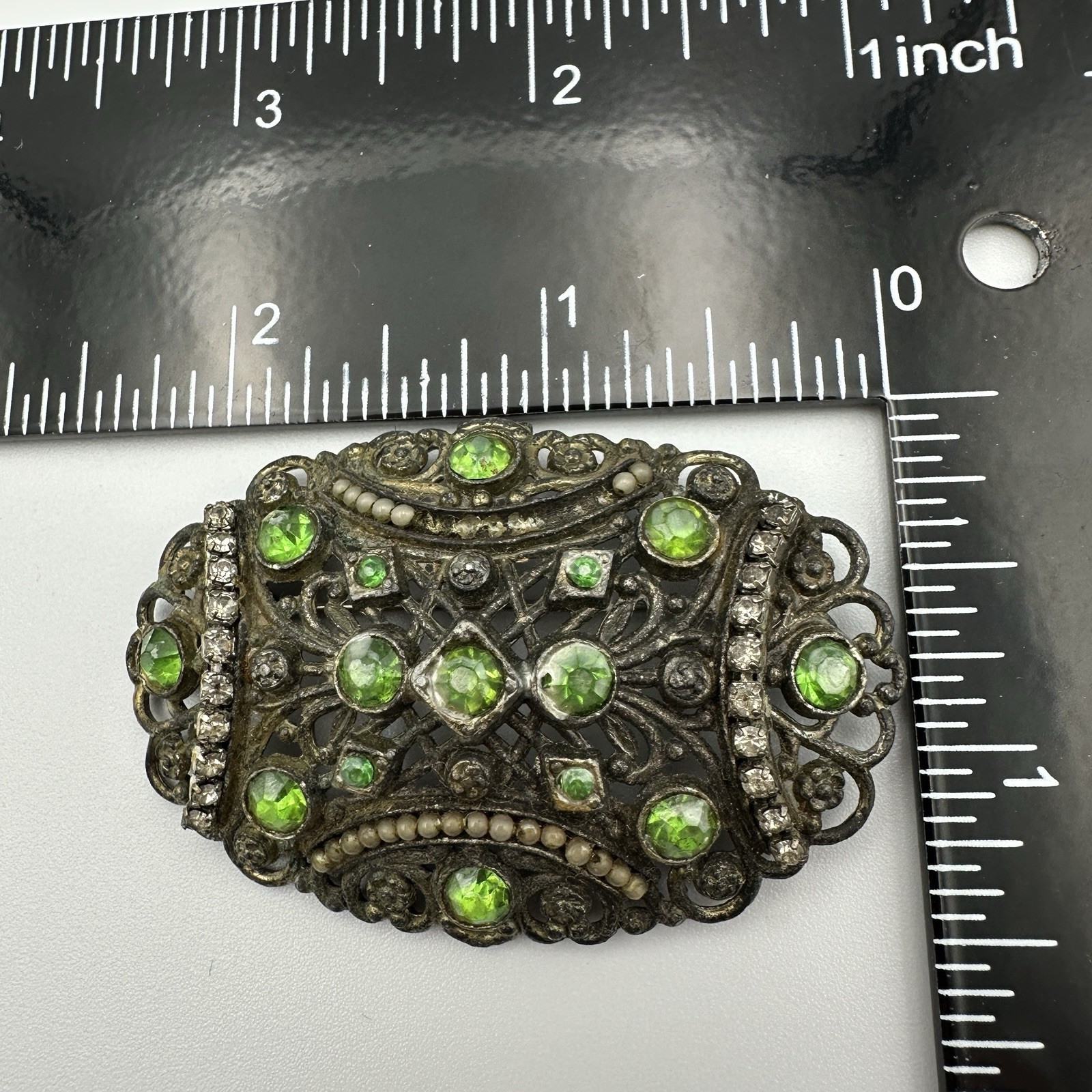 Vintage Little Nemo Brooch Pot Metal Rhinestone Victorian Revival Green READ