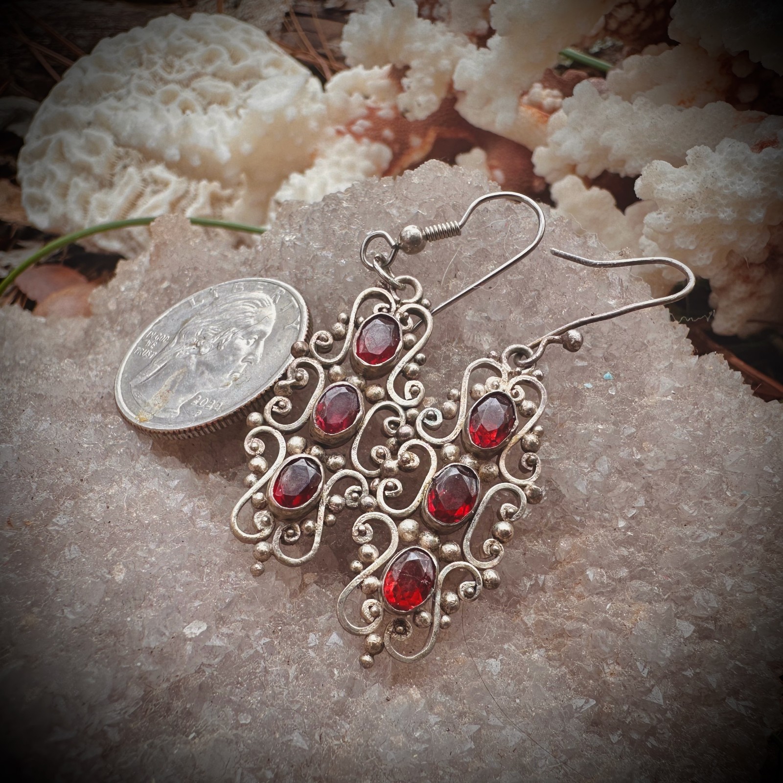 Vintage Sterling Silver 925 Dangle & Filagree Earrings With Red Colored Stone