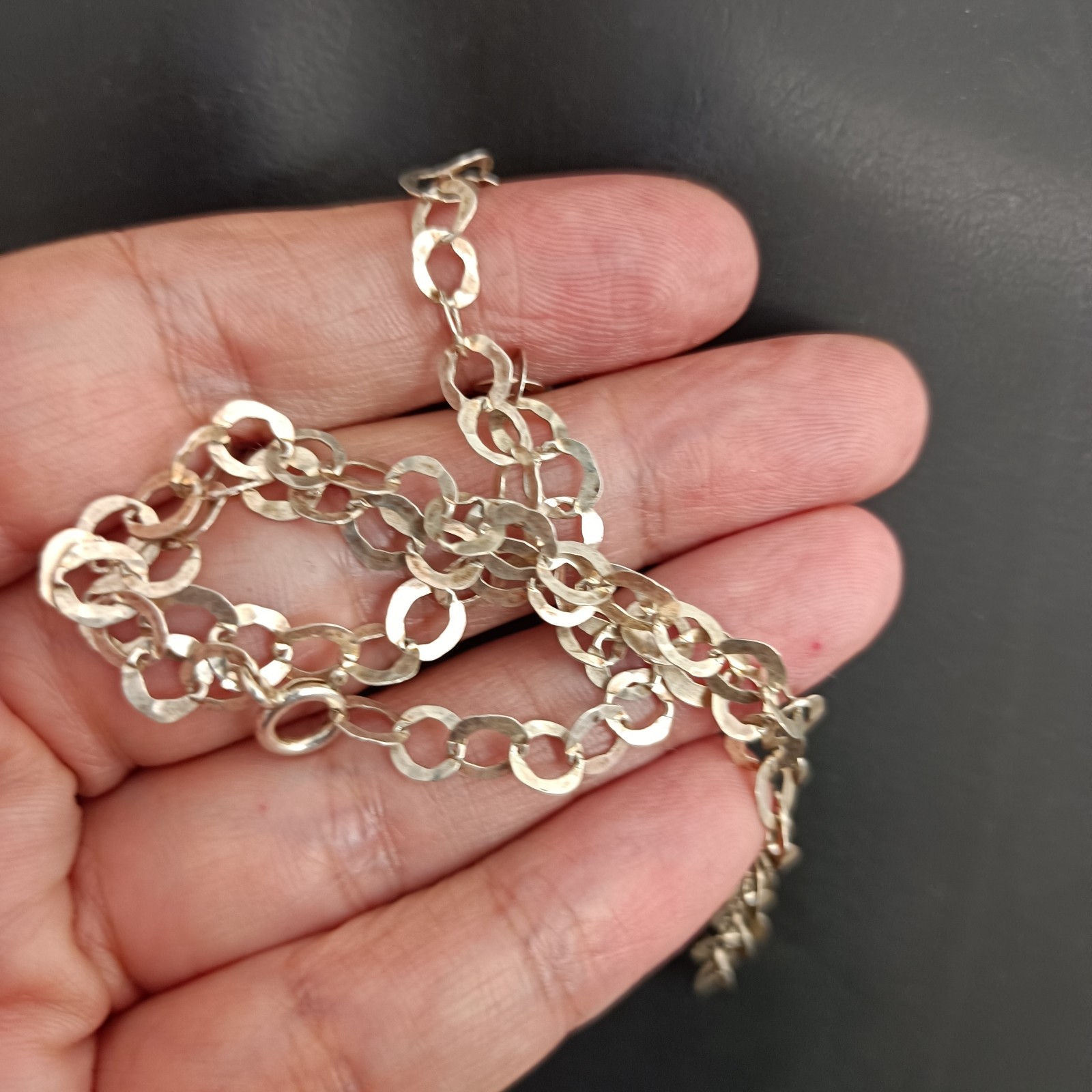 Sterling Silver Chain Necklace Handmade Flatt Hammered Rolo Unique Collar VTG