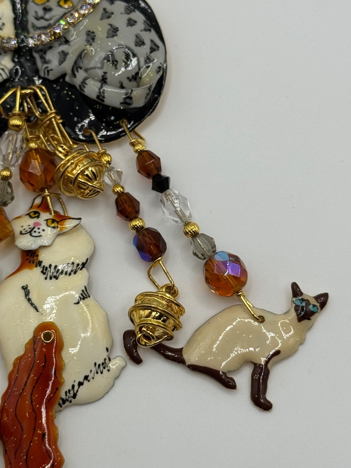 Lunch At The Ritz Cat Rhinestone Enamel Dangle Brooch