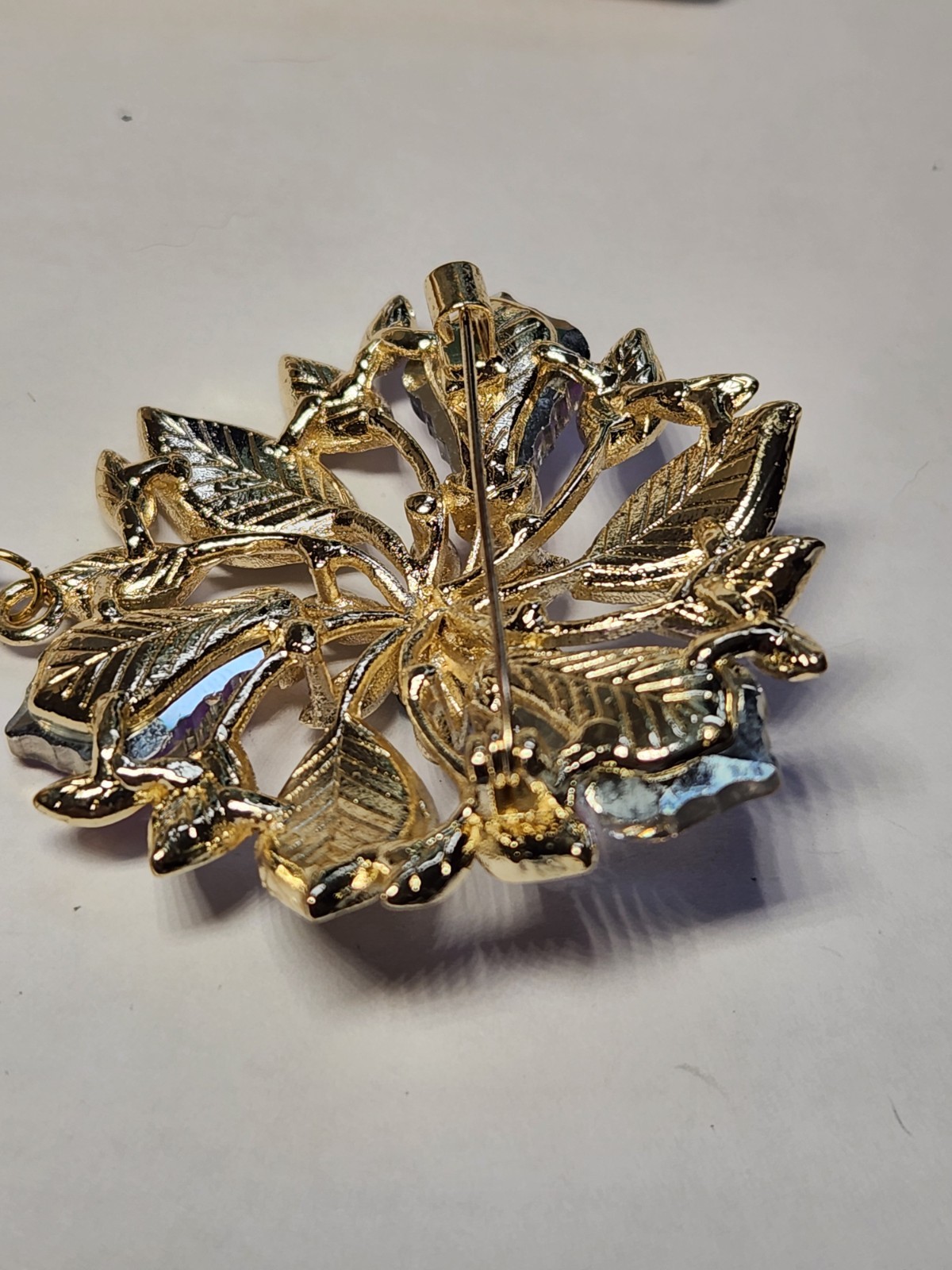 Vintage Style AB Crystal Floral Brooch Gold Tone C-Clasp Tassel Faux Pearl drop