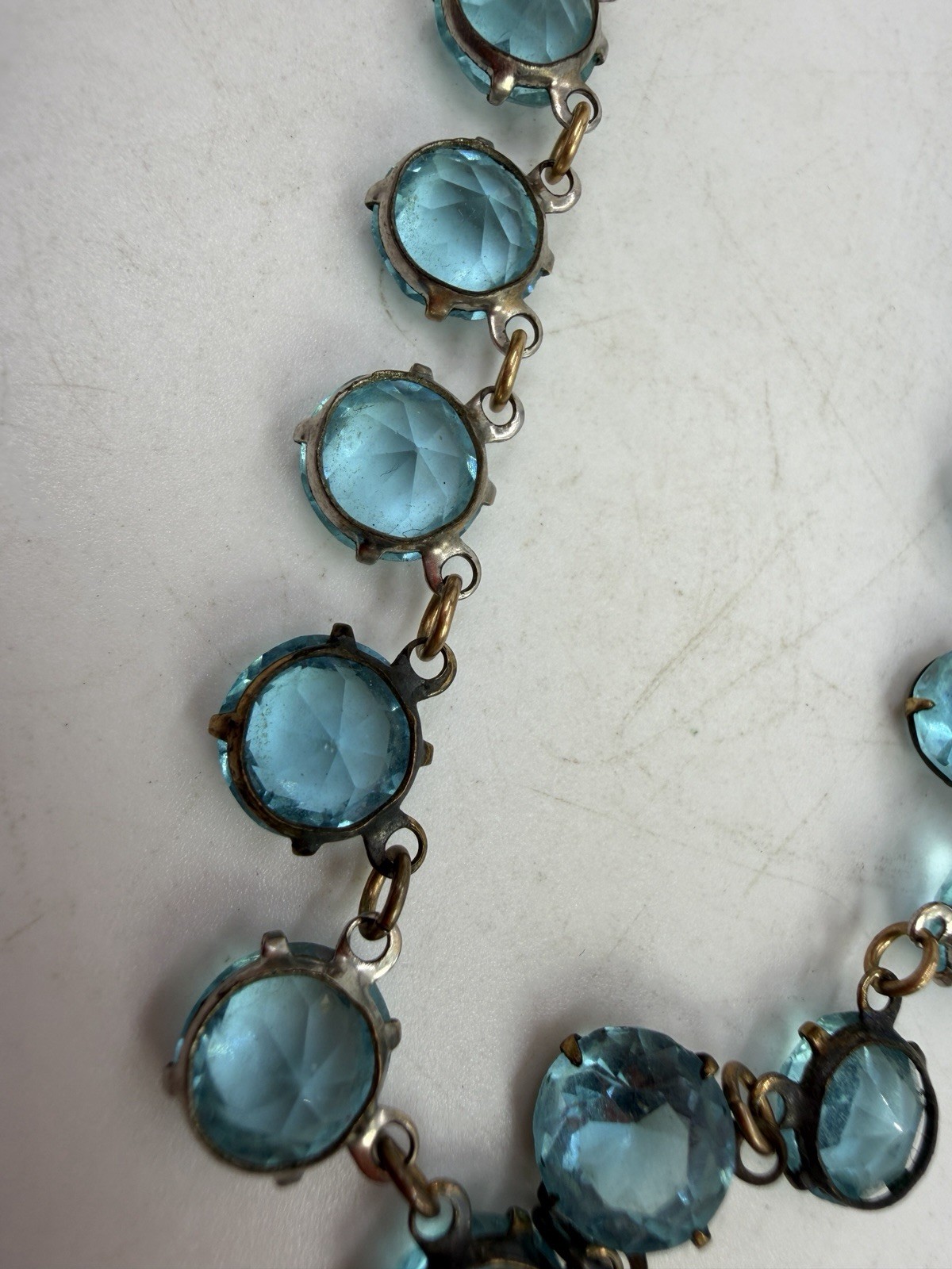 Vintage Necklace Art Deco Light Blue Round Glass Open Back Bezel 15 in PJ