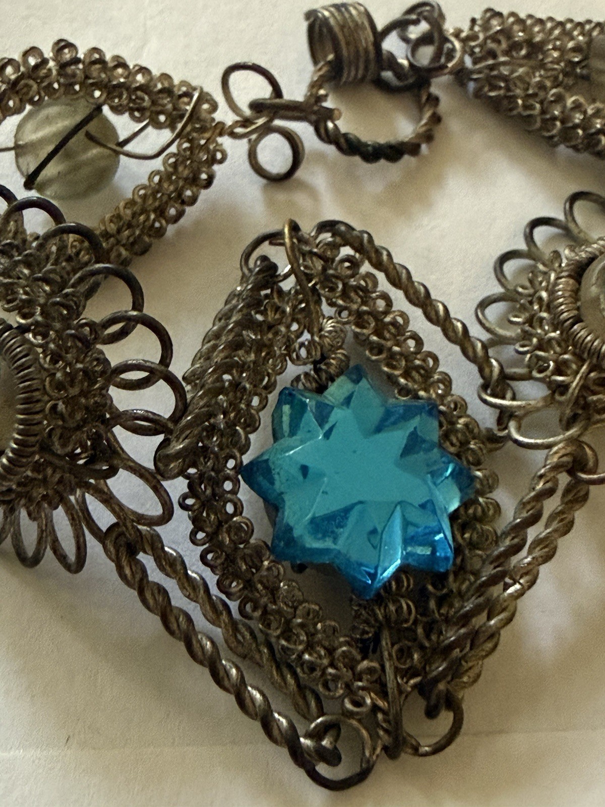 Vintage/Antique Victorian Style Silver Metal Bracelet Aqua Rhinestones No Clasp