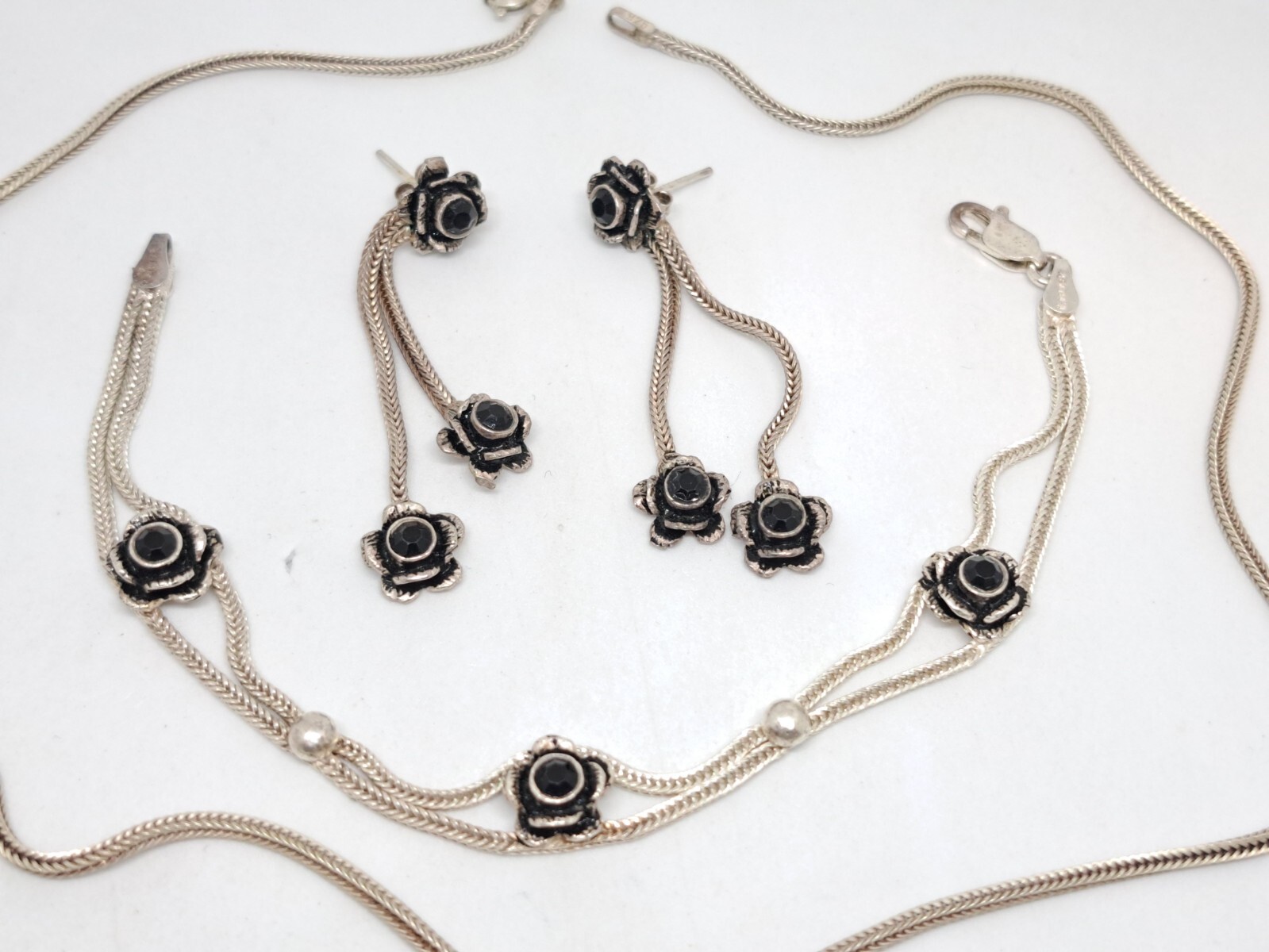 Vintage Set Necklace, Stud Earrings and Bracelet 925 Black Rose Ideal Gift
