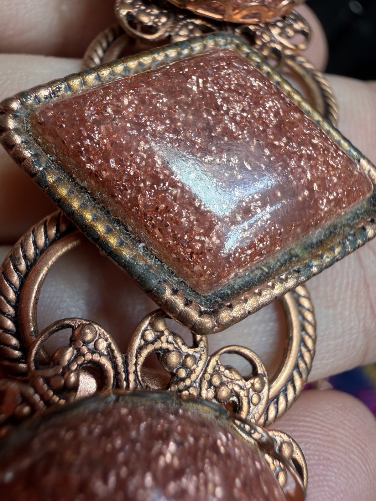 Vintage Necklace Copper Collar Sandstone Goldstone Sparkle Statement 16 inches