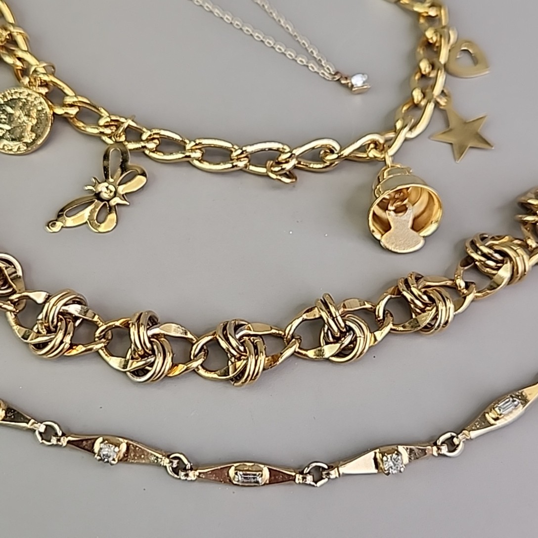Chain Bracelet Lot of 4 Charm Rhinestone Gold Tone 6.75″