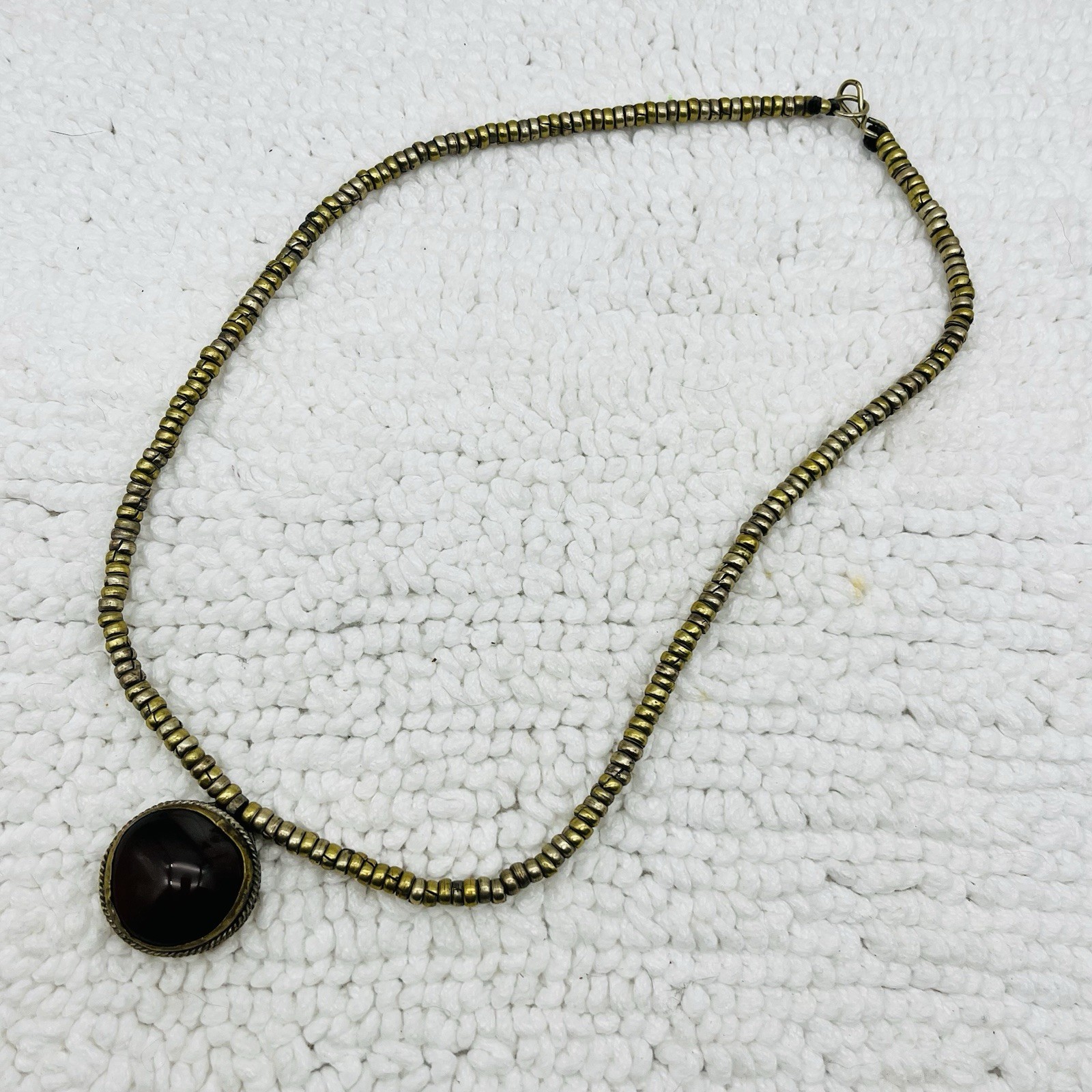 Vintage Ethnic Necklace Agate Pendant Brass 20″