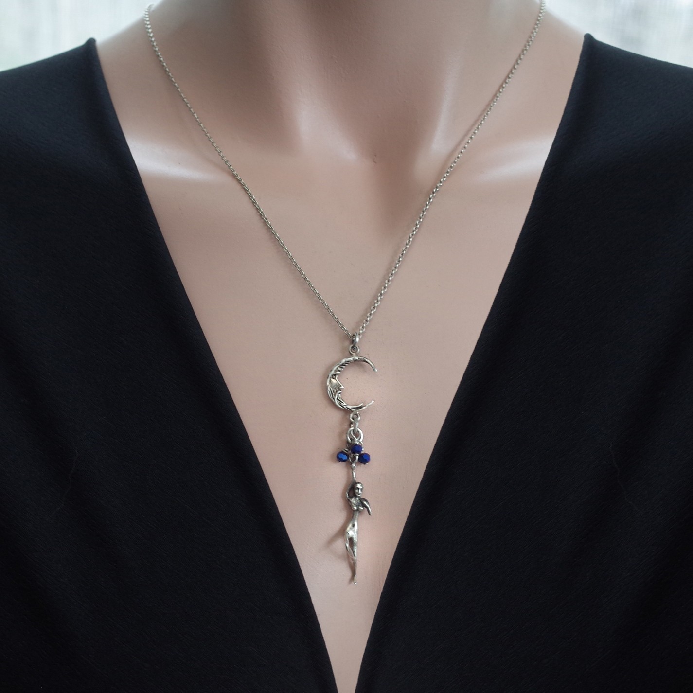 Sterling Silver Crescent Man In The Moon & Female Dancer Figure Necklace