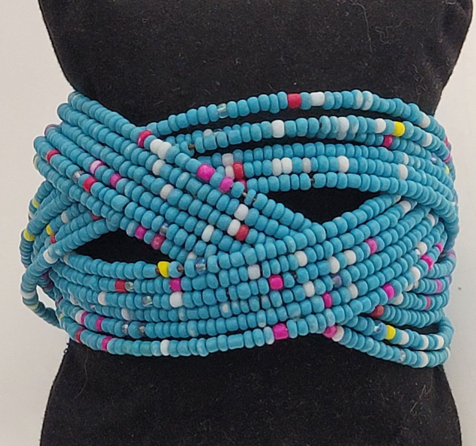 Wide Seed Bead Wrap Bracelet Open Cuff Blue Cultural Southwestern