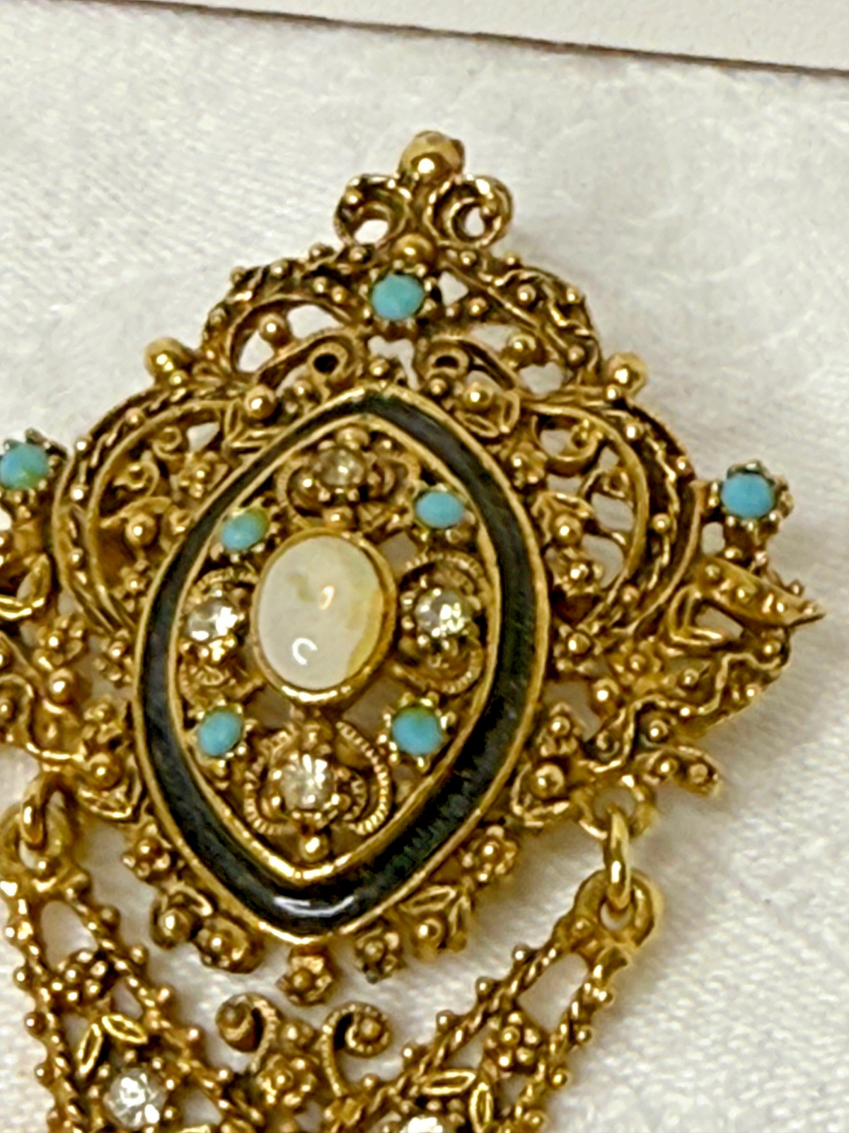 Vintage Florenza Filigree Brooch • Gold-Tone Fringe • Turquoise/Opalette