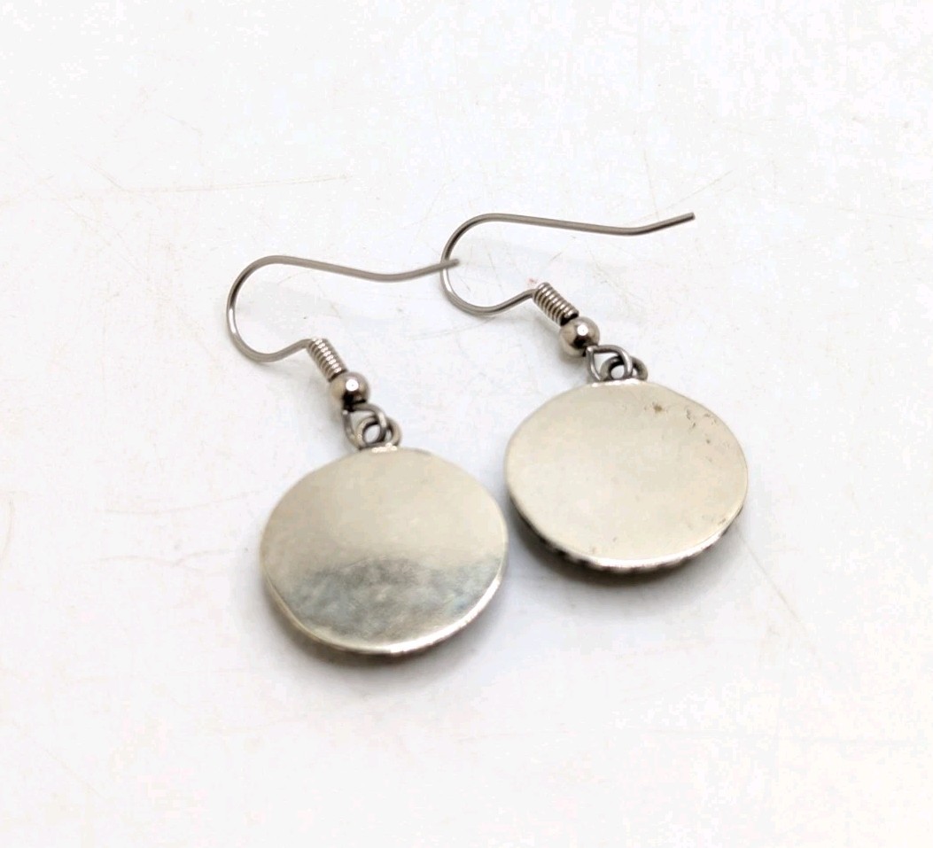 Vintage Abalone Round Circle Dangle Drop Pierced Earrings Silver Tone