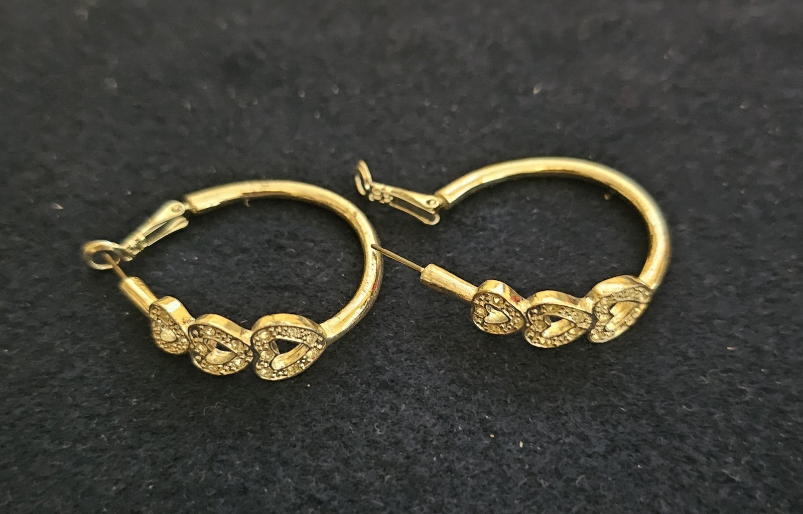 Silvertone Triple Heart Hoop Rhinestone Earrings Pierced Signed N A