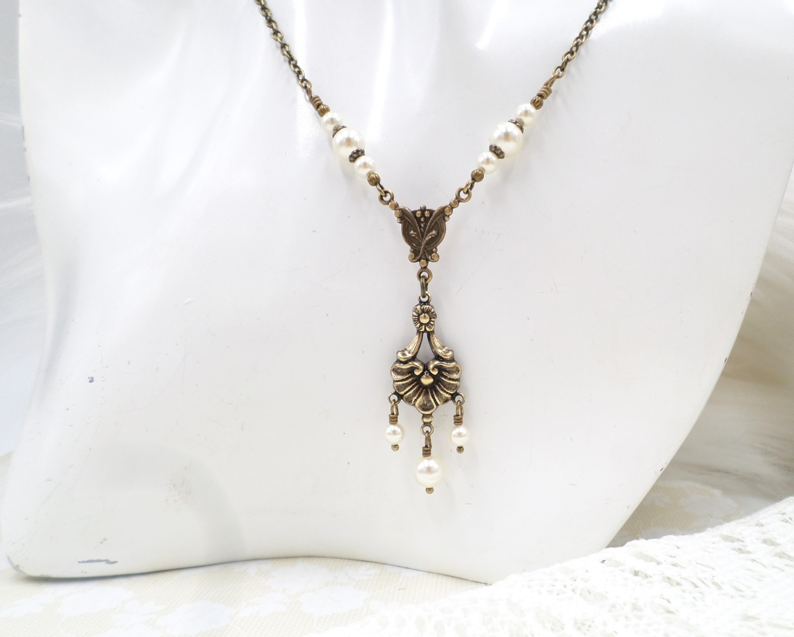 Victorian Pearl Necklace: Antique Brass Romantic Floral Handmade Vintage Jewelry