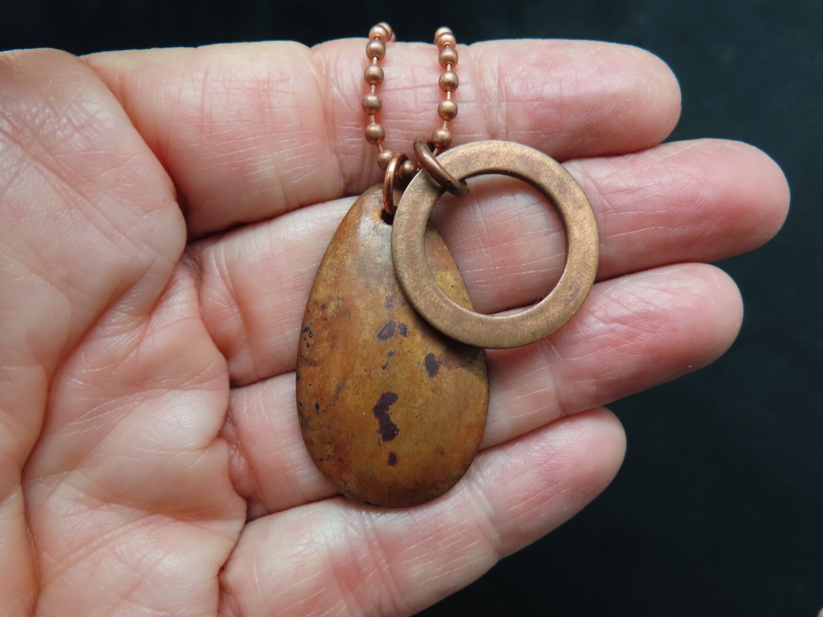 Vintage 1950’s Copper Ball Bead Chain w/TWO Gorgeous Enamel Slides