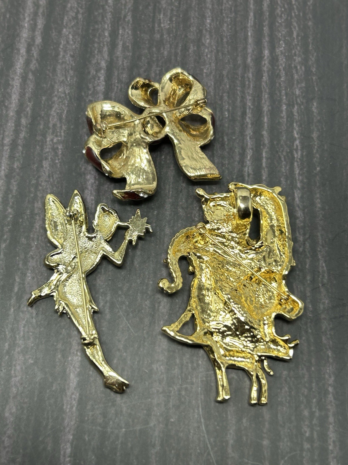 Vintage Gold Tone Brooch Lot Fairy Animals Red Bow Rhinestone Pins Costume