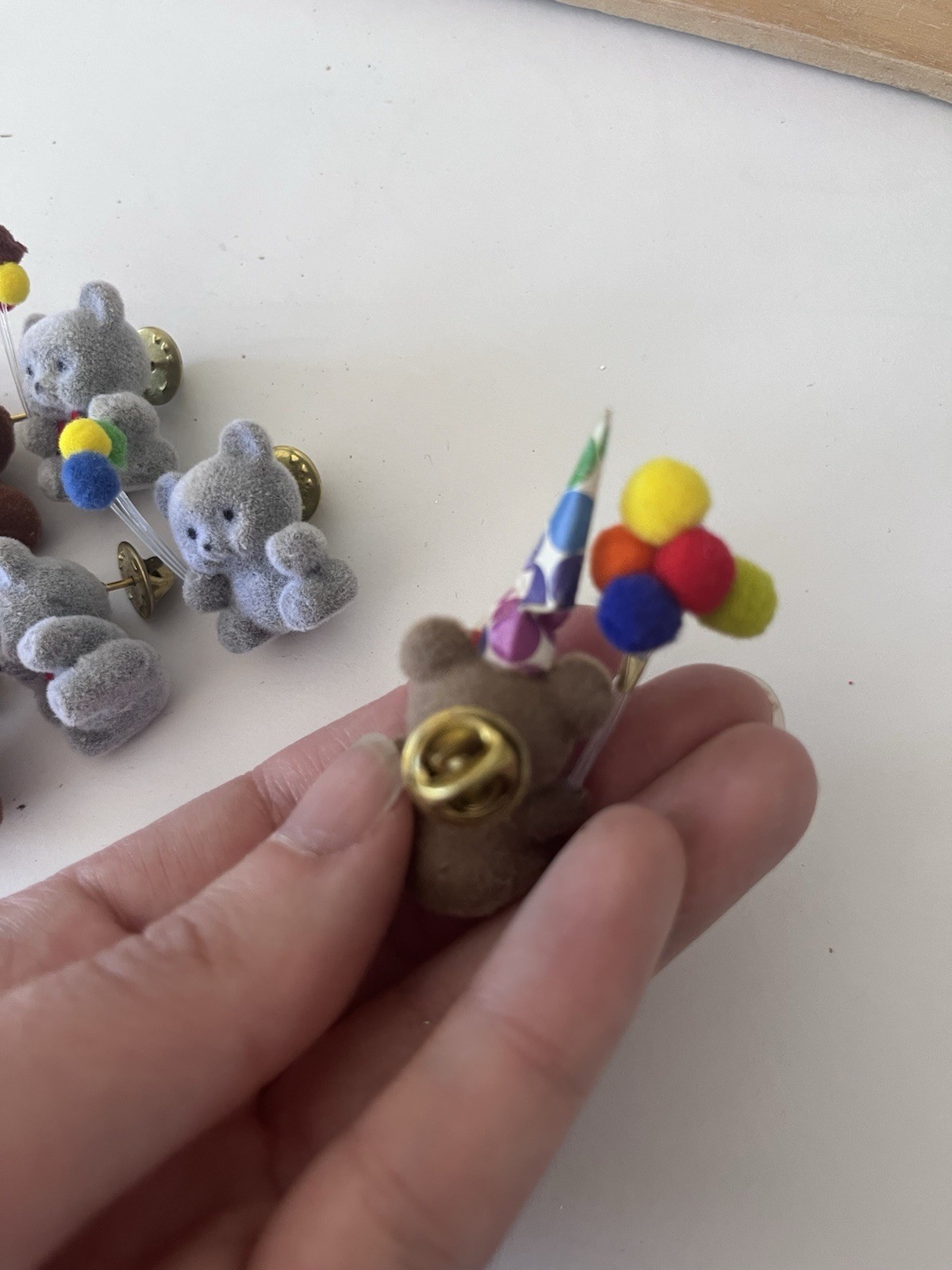 Vintage 1980s flocked teddy bear lapel pin brooch Set Of 10 Birthday Party Theme
