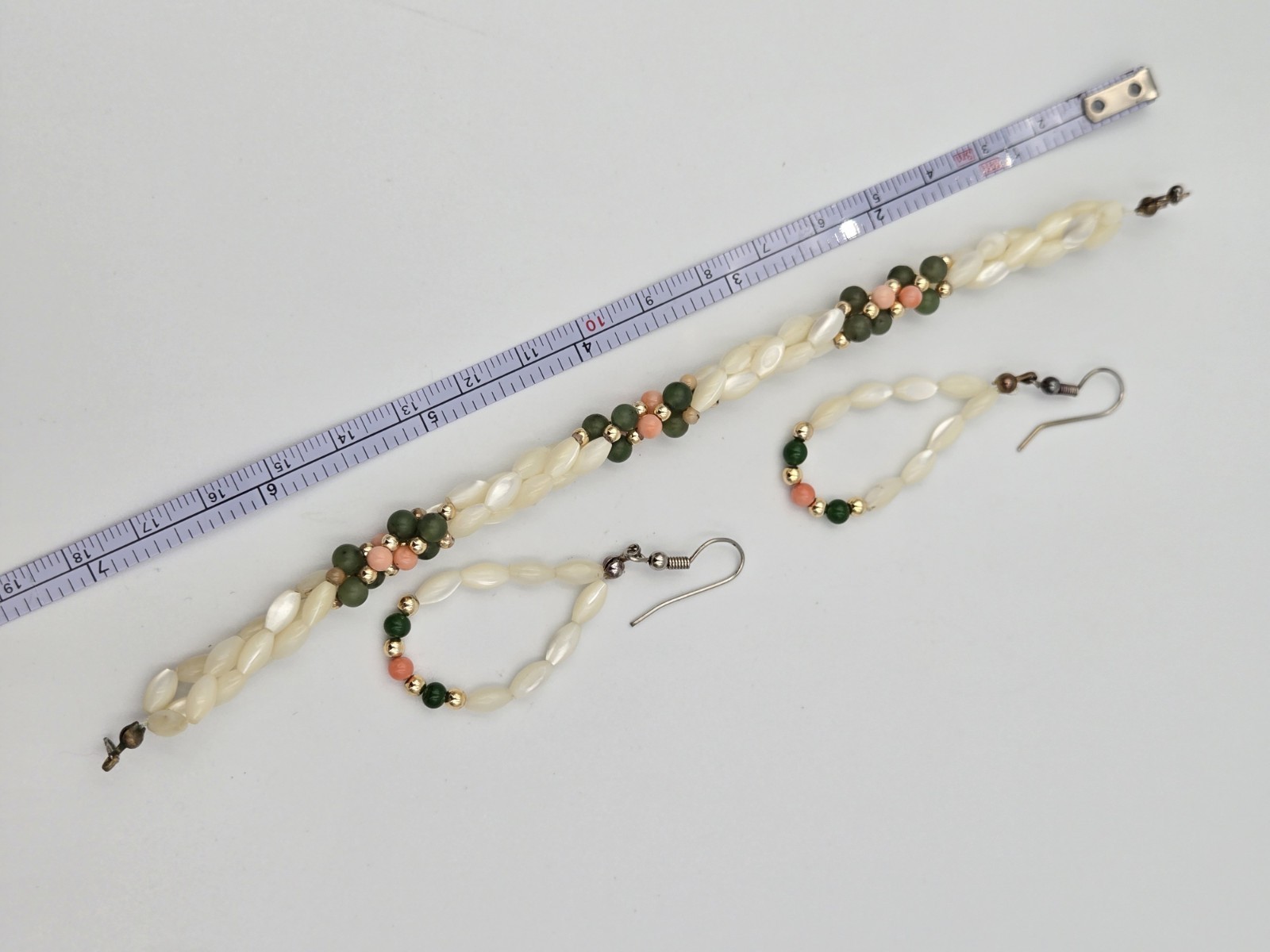Vintage Mother of Pearl Rice Bead Braided Bracelet & Earrings Set Coral Jade…