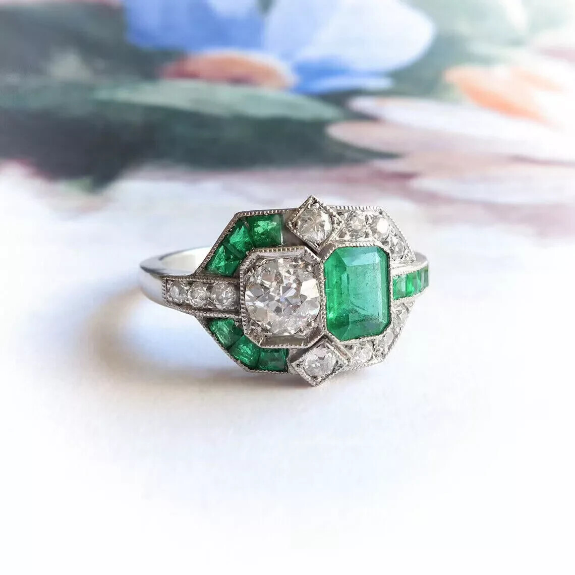 Art Deco Style 4.2Ct Green Lab Created Emerald Engagement 14K White Gold FN Ring