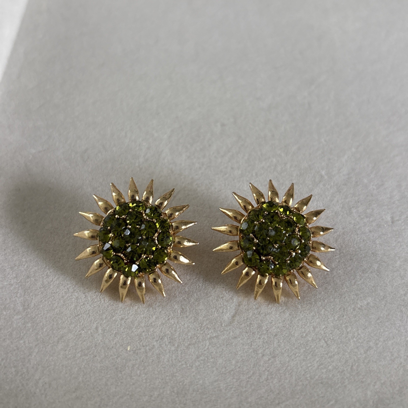 Vintage Green Rhinestones Gold Tone Sunflower Clip On Earrings MCM Statement