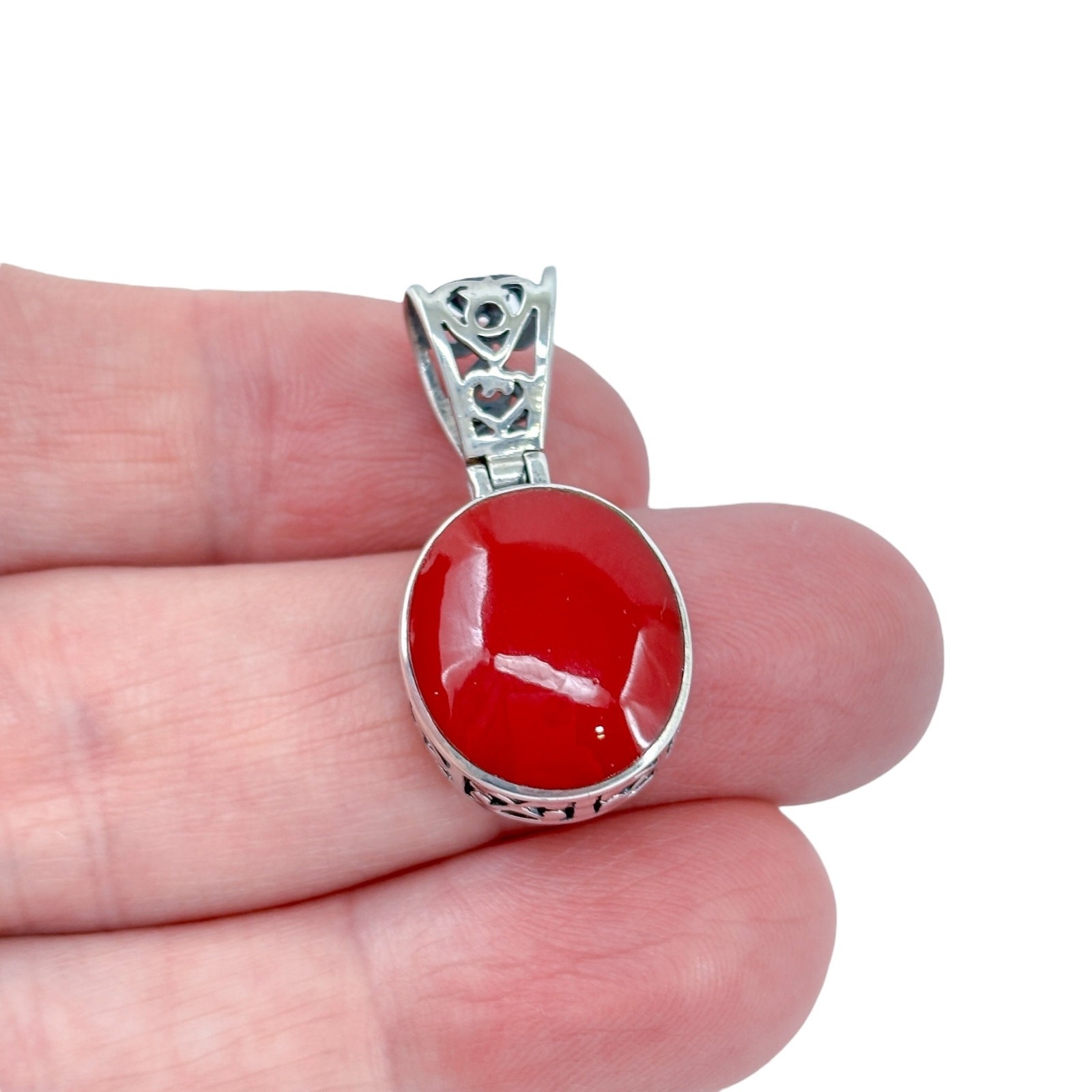 Oval Red Enamel Scroll Hinge Pendant | Vintage Sterling Silver 925