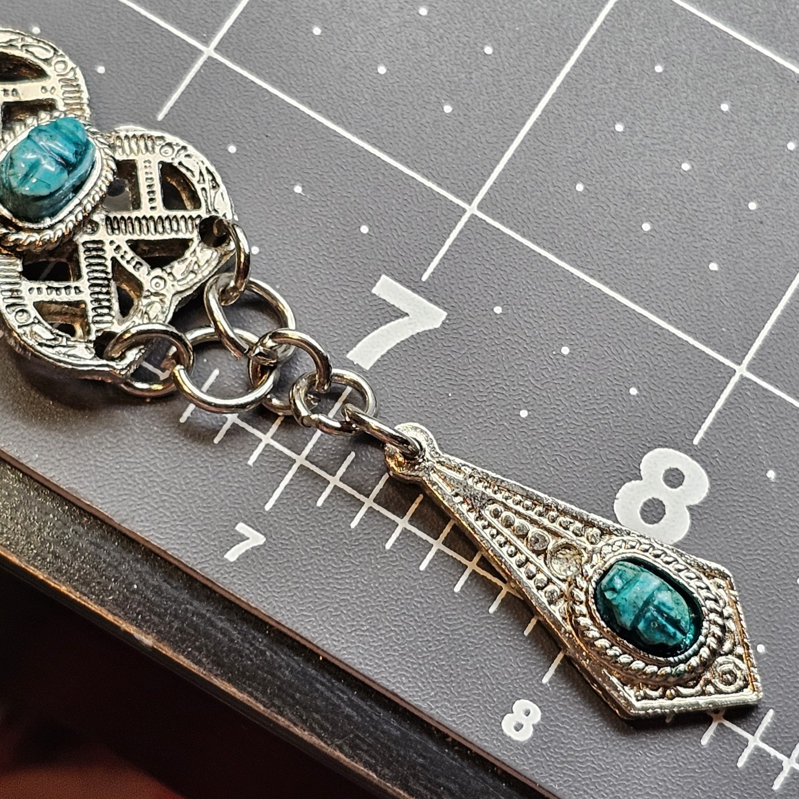 Vintage Egyptian Style Panel Bracelet Silver Tone Teal Stone Scarabs Style #1