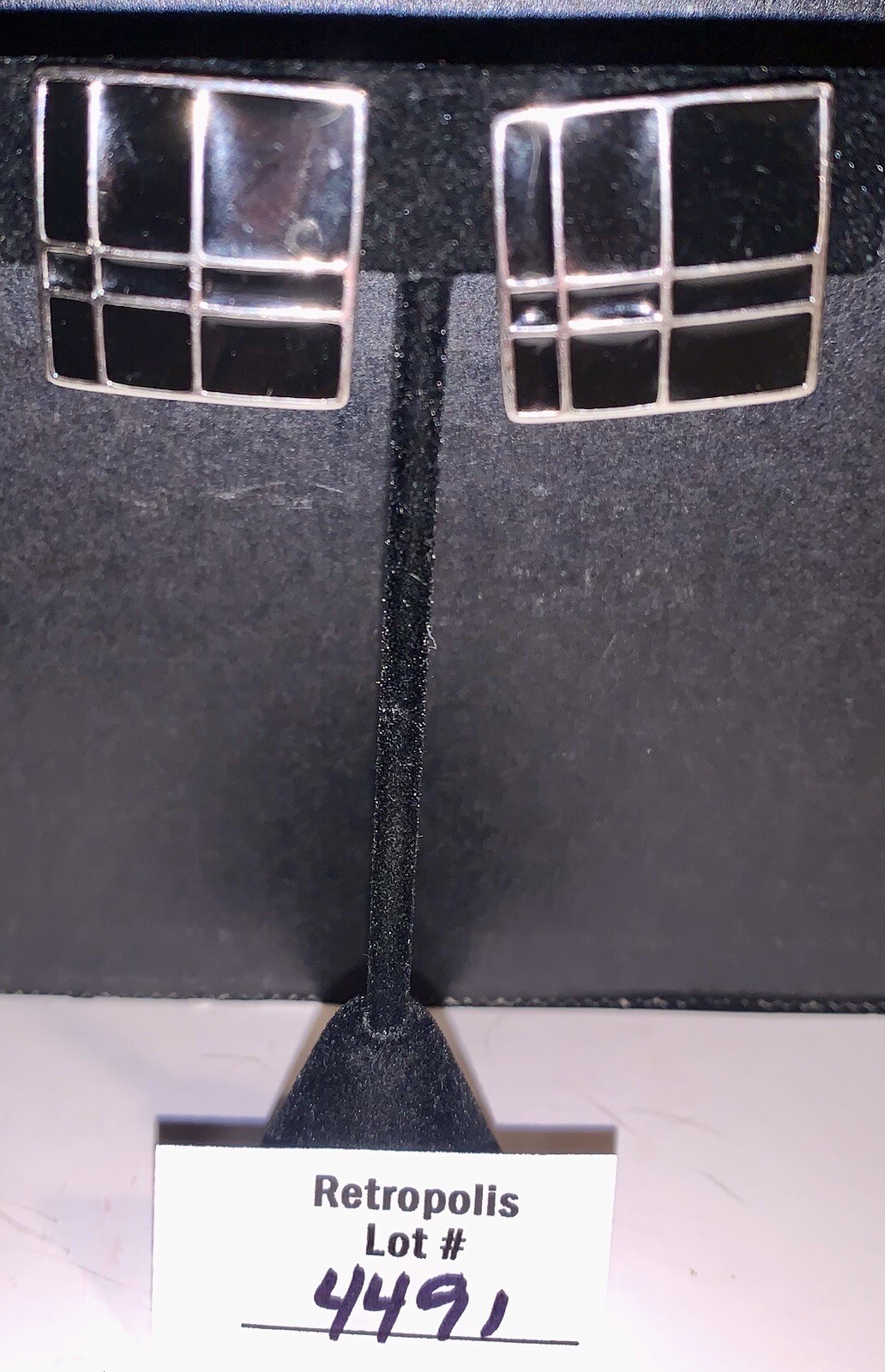 Black & Silver Enamel Retro Geometric Clip-On Earrings Square Vintage