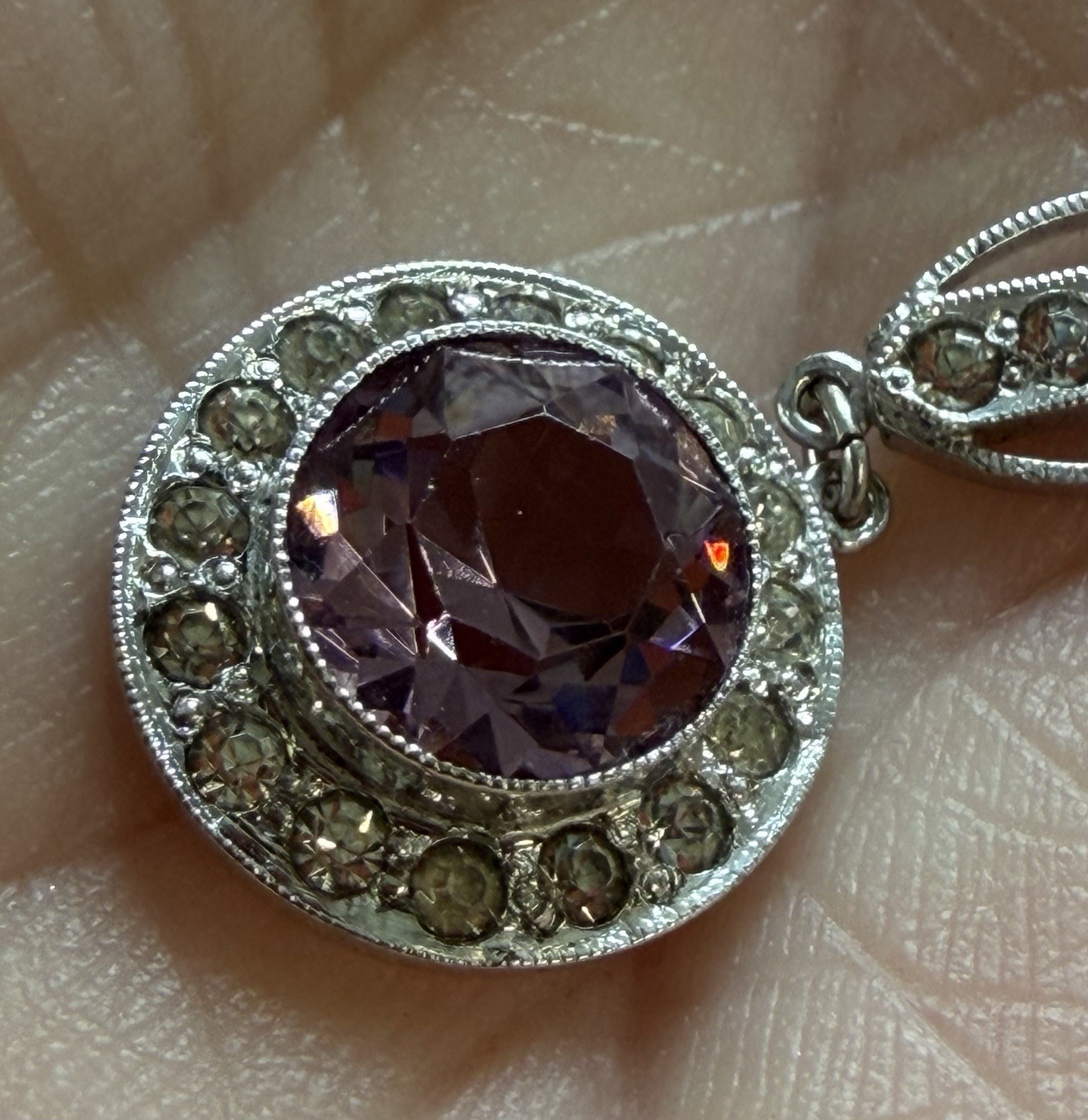 Sterling Silver Faceted Amethyst Dangle Drop Pendant 1.5” 3g Authentic Art Deco