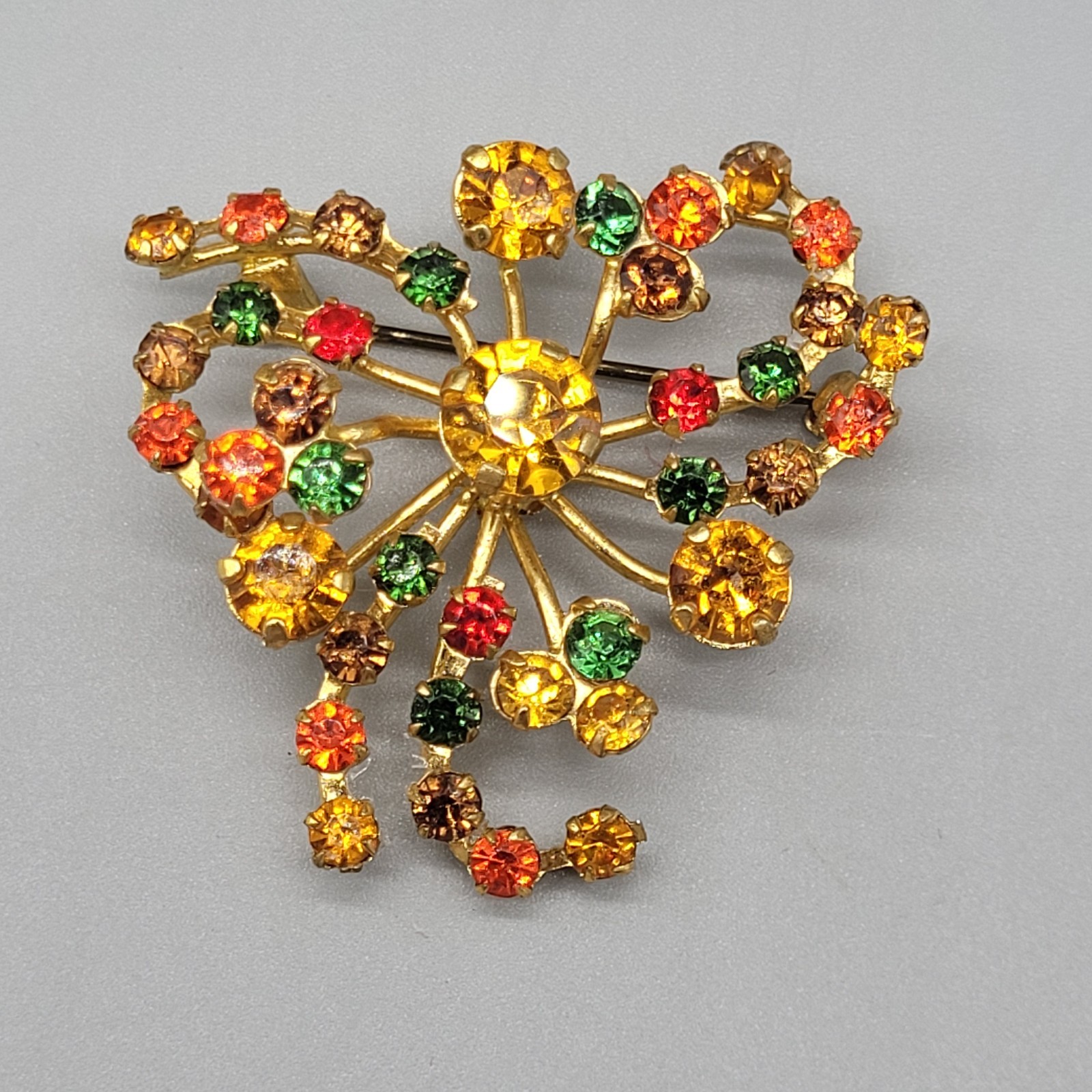 Vintage Multi-Color Rhinestone Brooch Made In Austria Orange Green Yellow 1.5″W