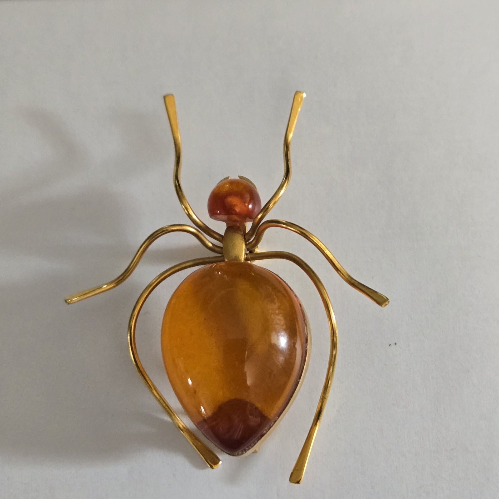Art Deco Russian Baltic Amber Gold Plated Spider Brooch Pin, marked 8РЯ