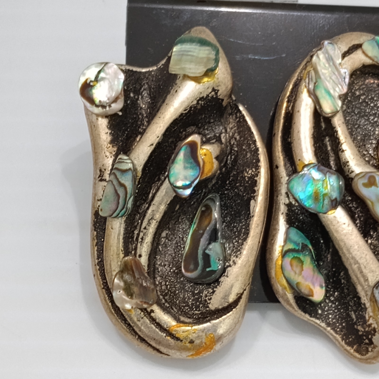 Jeff Lieb Bold Clip On Statement Earrings Abalone Shell Silver Tone Brutalist 2″