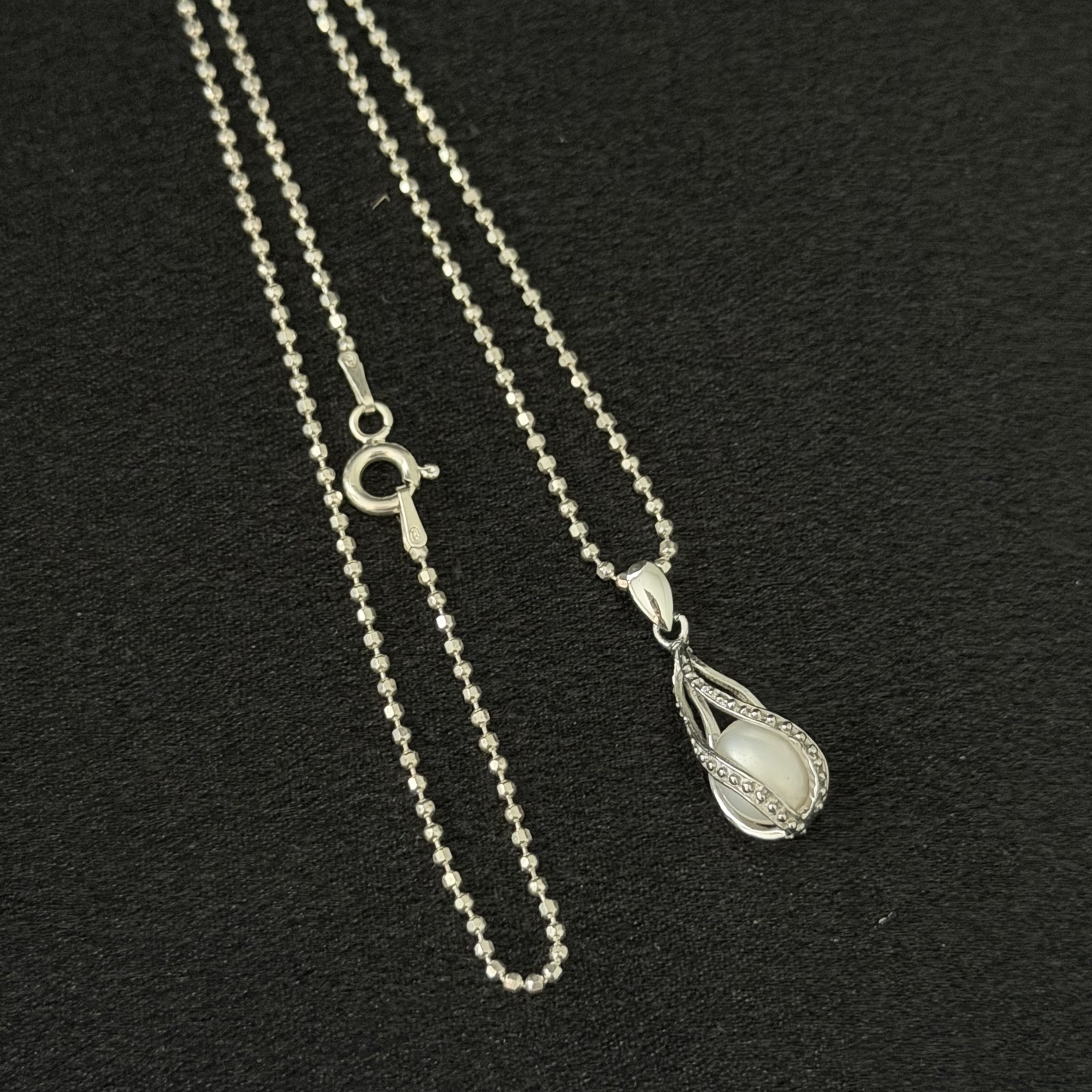 925 Sterling Silver Genuine Caged Pearl Bead Ball Chain Necklace 16″