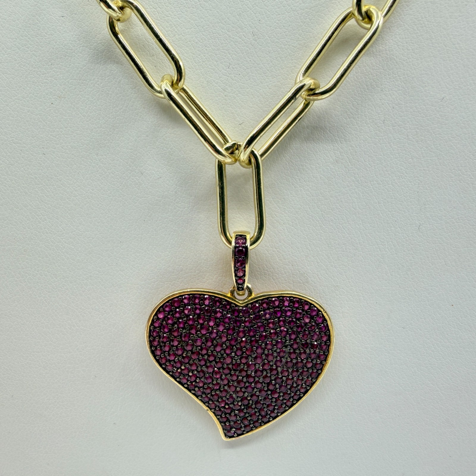 Gold Tone Red Pave Rhinestone Heart Pendant Paperclip Chain Necklace Statement