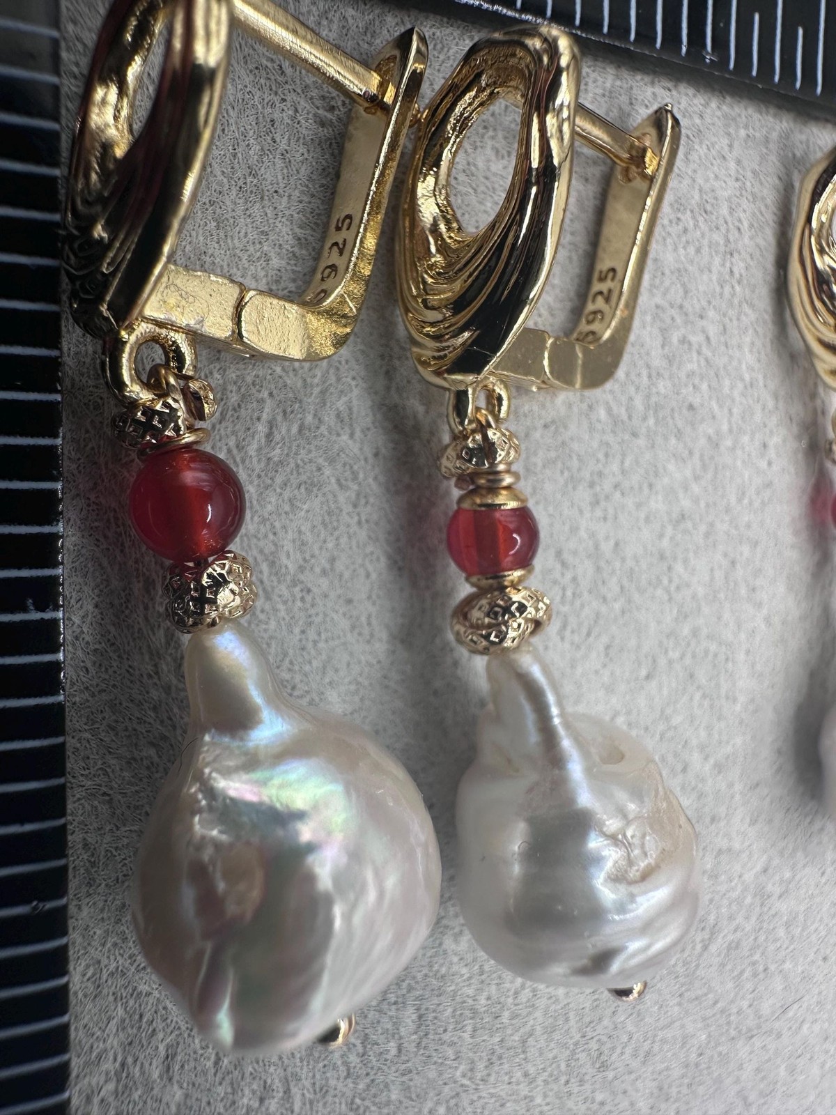 White Baroque Pearl Earrings With Carnelian Accent, Melting Lever back