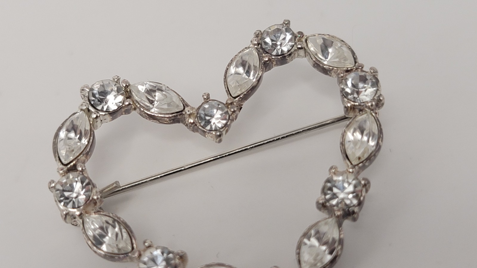Navette & Round Rhinestones Heart Shaped Brooch Pin Silver Tone