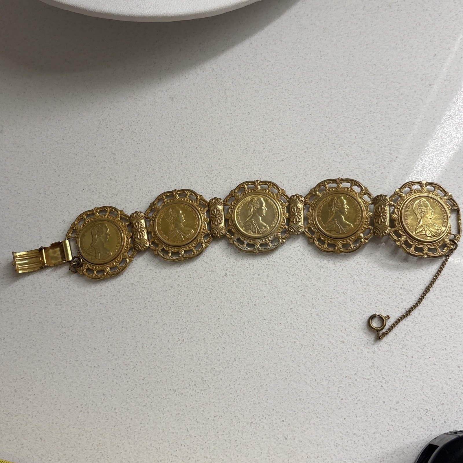 Miriam Haskell Vintage Gold Plated Coin Bracelet—Queen Of Australia—Statement!