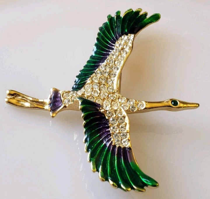 Vtg Giovanni Signed Stork Bird in Flight Gold Plated Enamel Clear Crystal Brooch