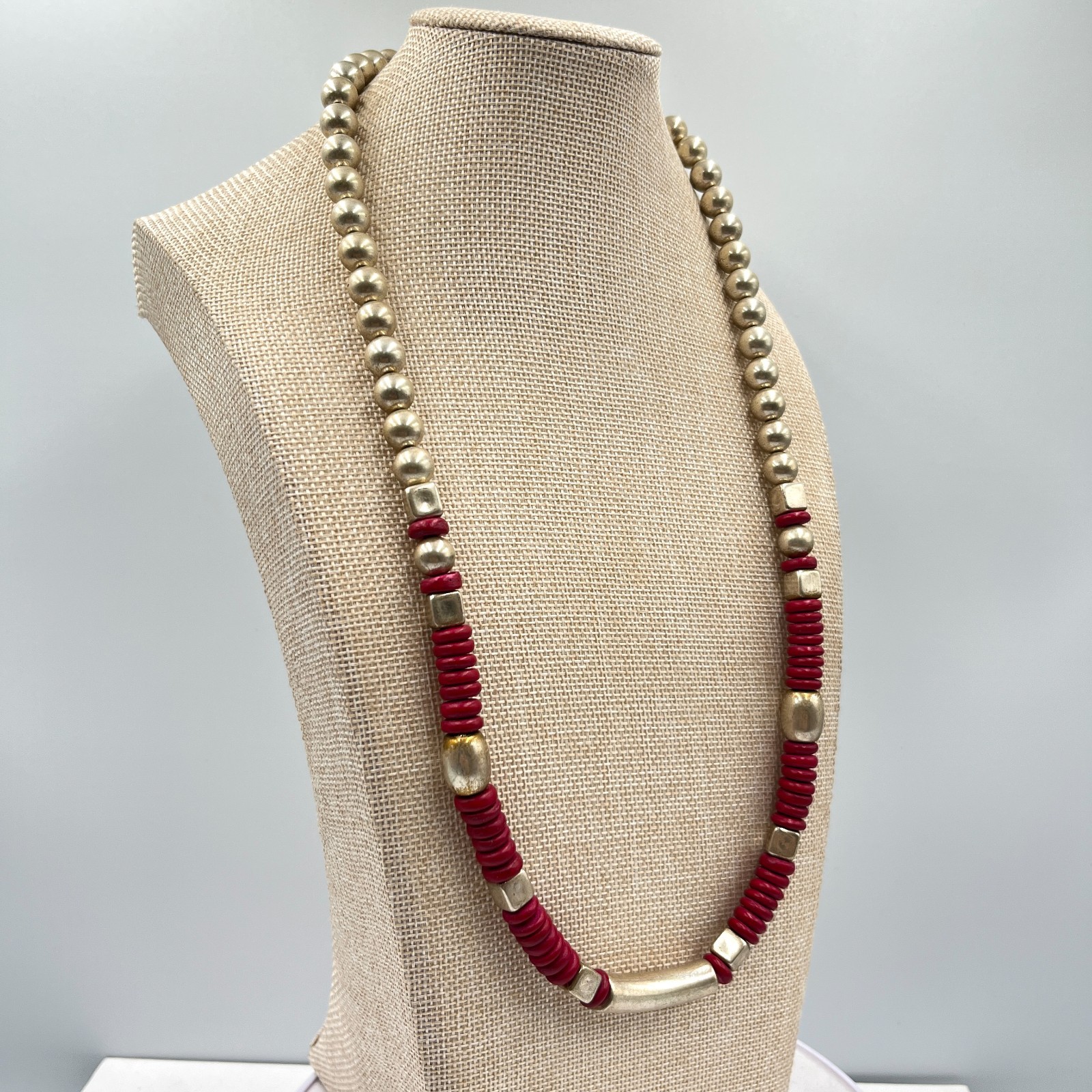 Vintage Southwestern Gold Tone Bead & Red Disc Heishi Statement Necklace Classic