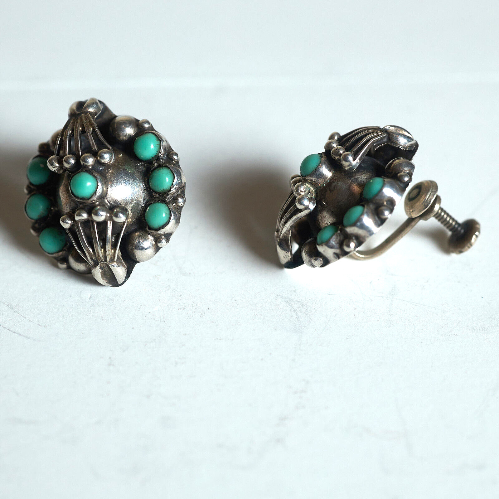 1940s Artisan 925 Silver Mexican Handmade Ornate Earrings Green Stone Screw Back