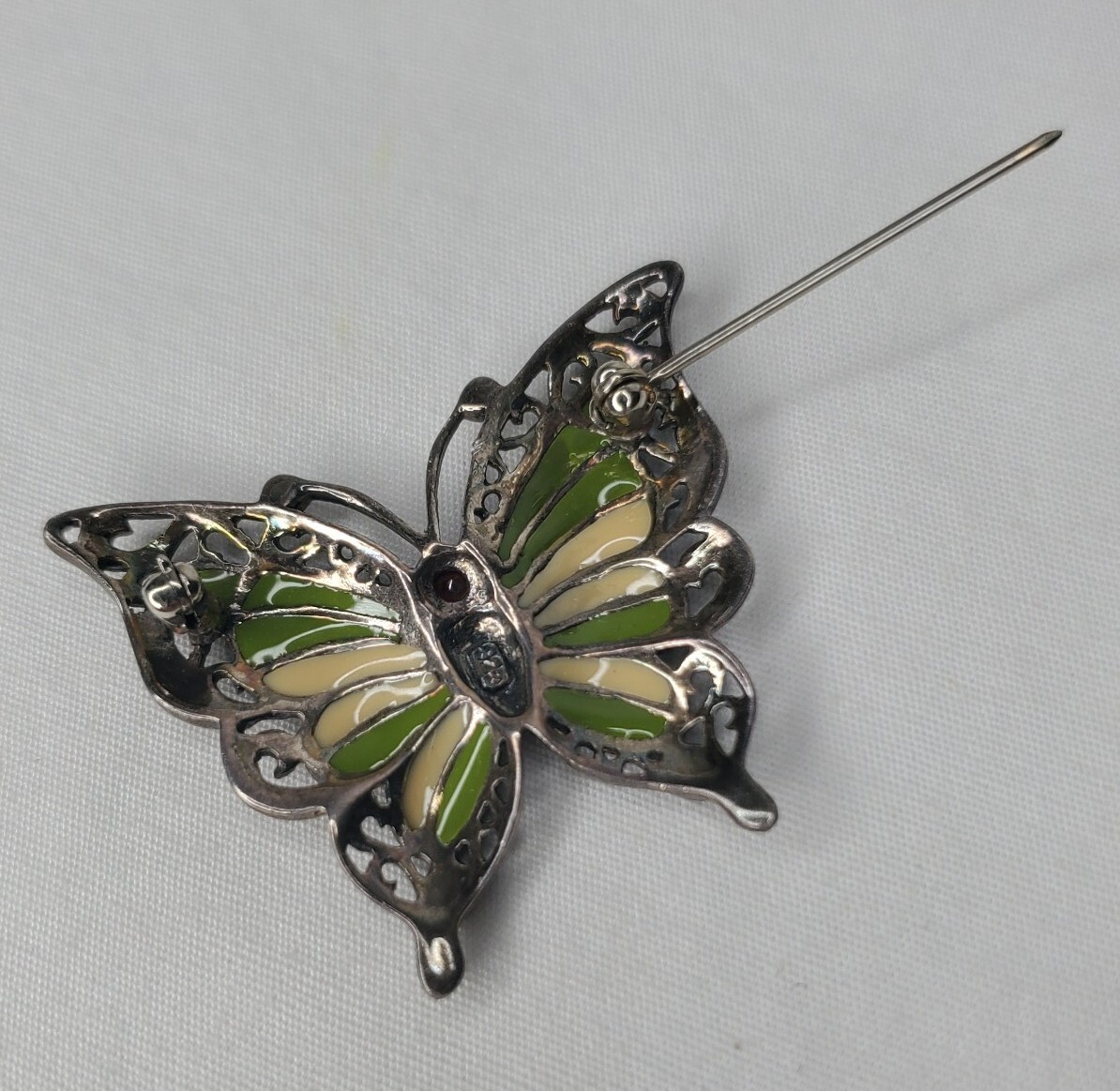 Vintage Sterling Silver Butterfly Brooch Green Yellow Enamel Wings Figural Pin