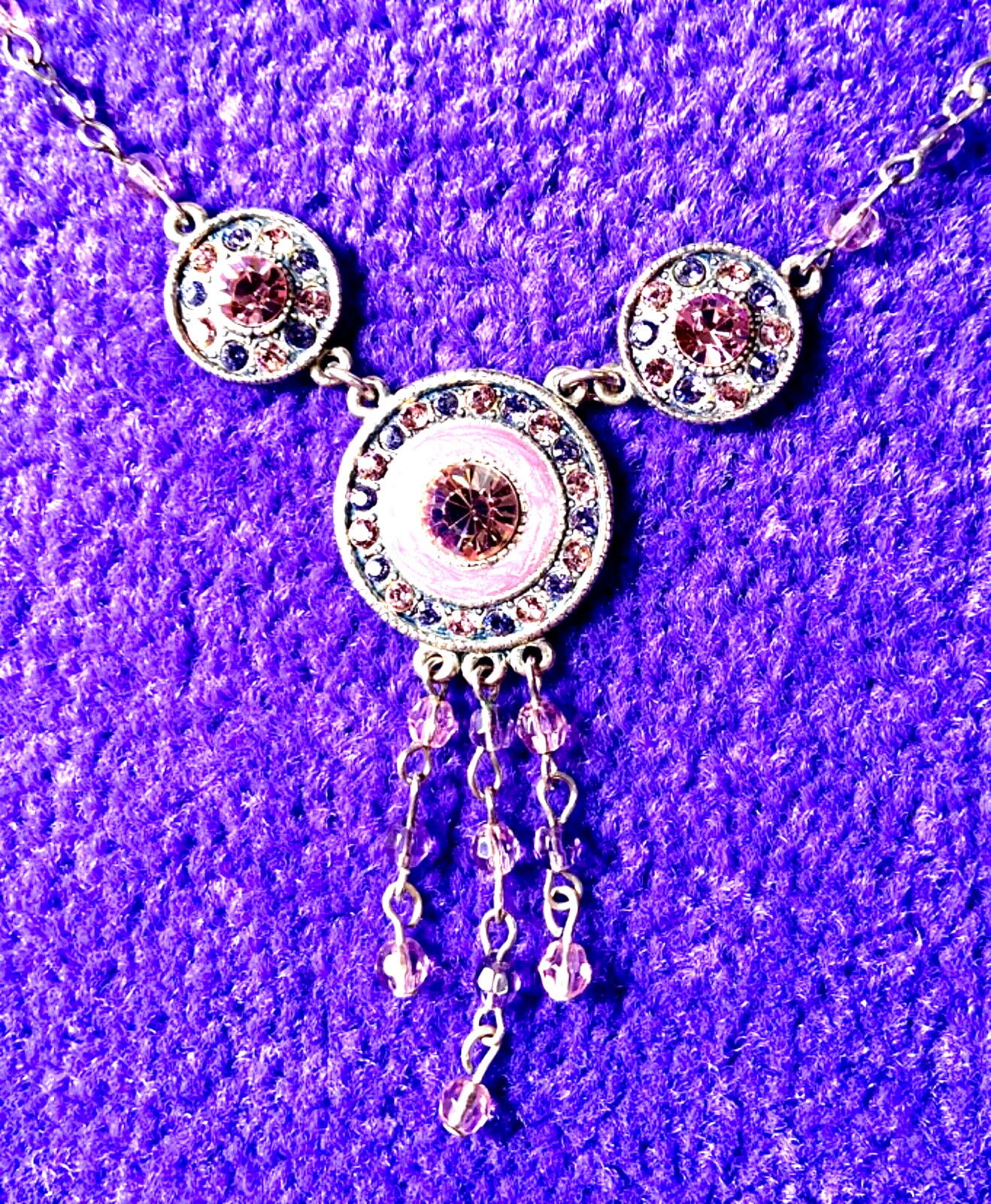 VINTAGE🇺🇸1928 FAIRY FANTASY PURPLE+PINK AUSTRIAN CRYST+ENAMEL NECKLACE VG+✨VTG