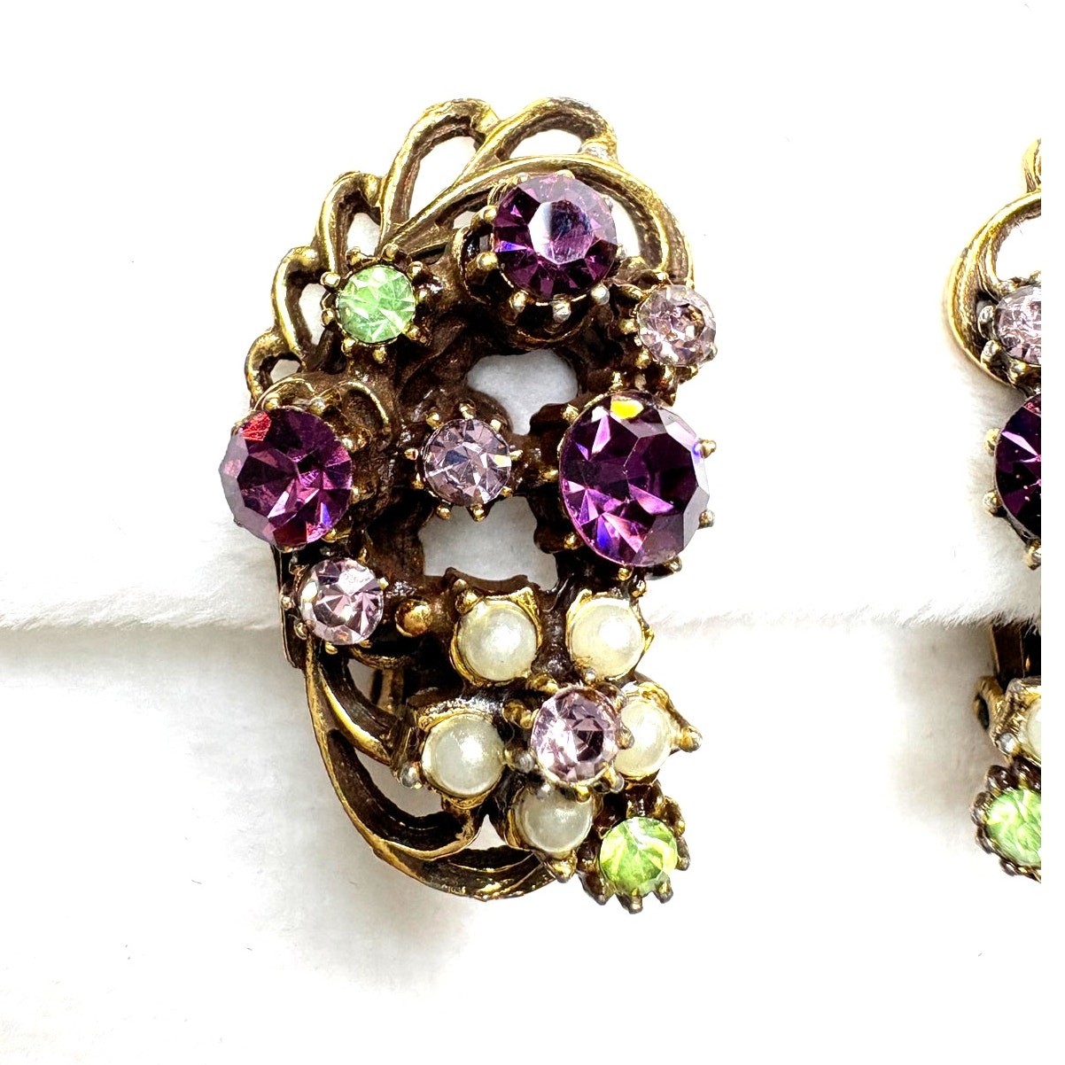 Signed Florenza Amethyst Peridot & Pearl Floral Clip-On Earrings, 1960s Vintage