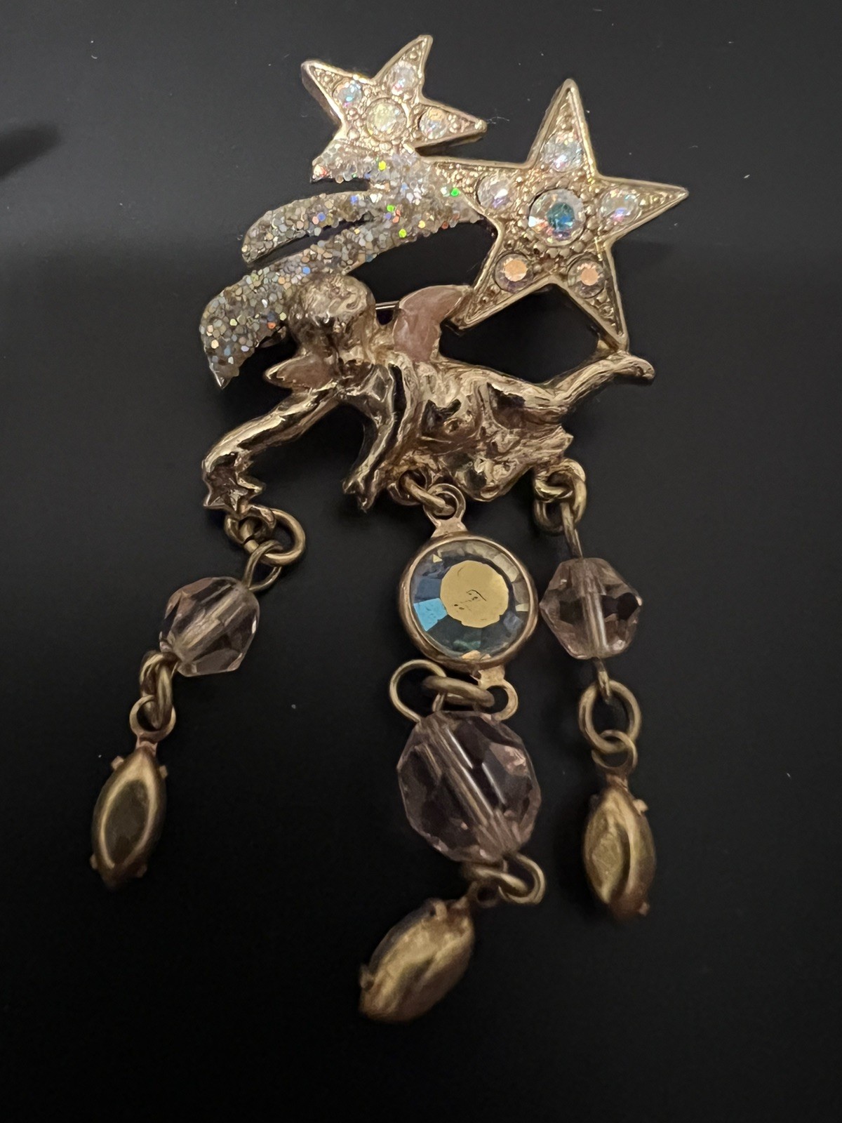 Kirks Folly Cherub, Stars Goldtone Pin w/ AB stones, dangle crystals, Never used
