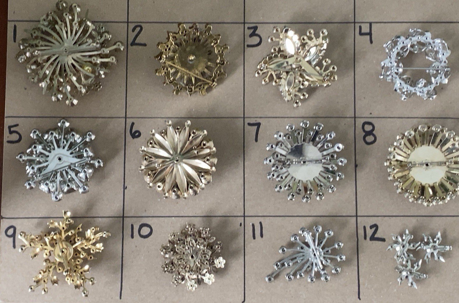 Vintage Rhinestone Brooch Pin Lot ~ 14 Rivet Swedge Mid Century Design Sparkle