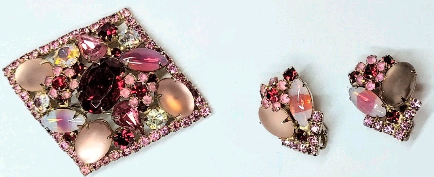 Vintage Stunning Givre Pink Red Clear AB Rhinestone Brooch Pin Clip Earrings